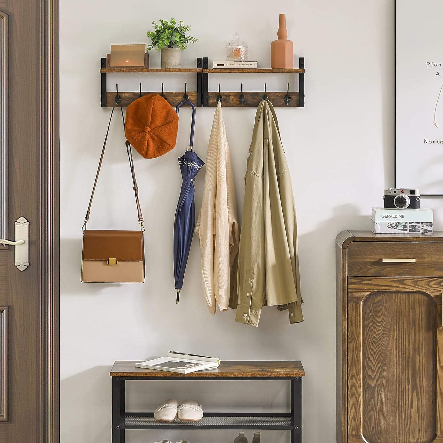 Juego de 2 percheros para entrada, perchero de pared, mueble de entrada, armario flotante, para dormitorio y baño, color negro - 3