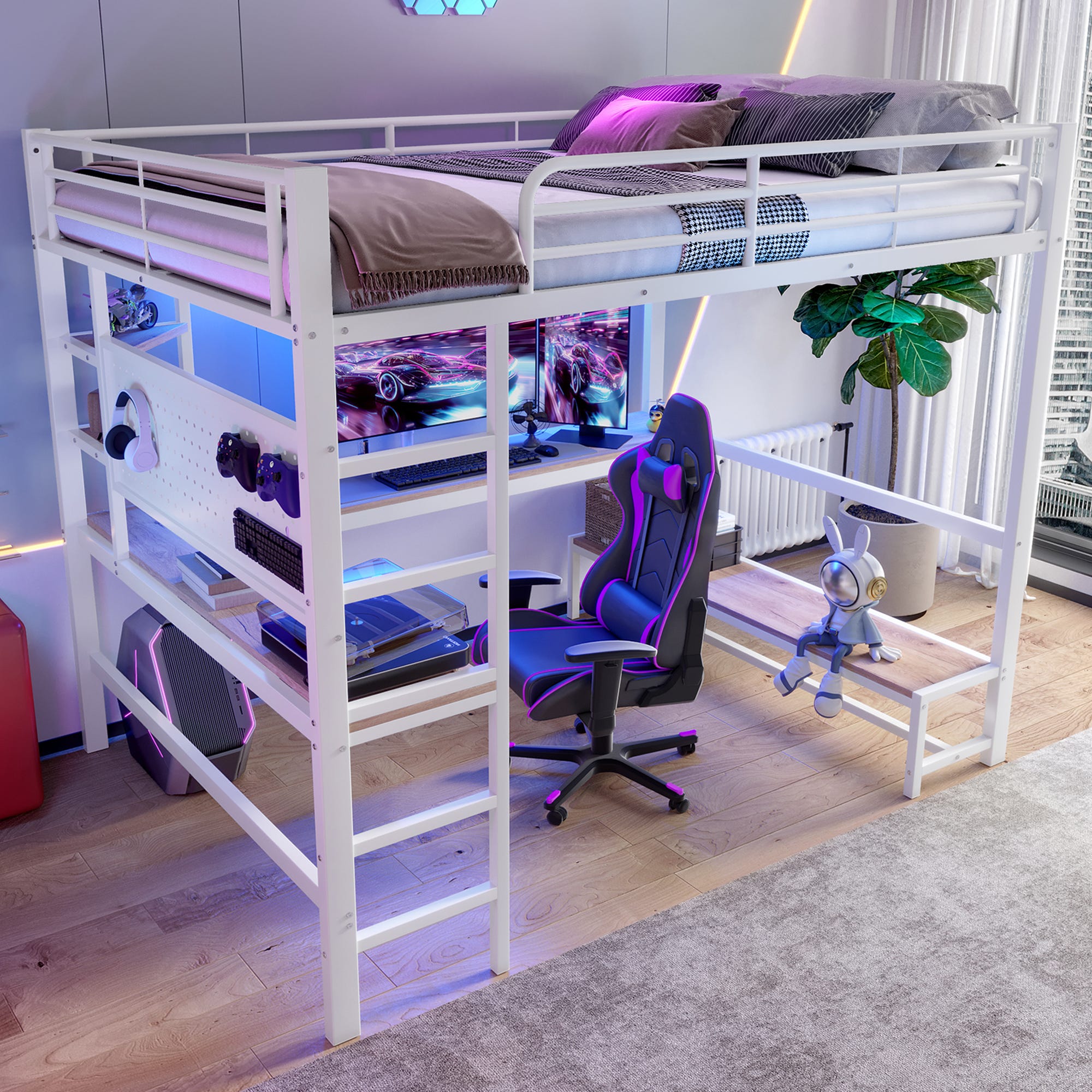 KOMHTOM Lit Mezzanine Métal Avec Bureau Pliant Et LED - 90x200cm Noir (sans Matelas)