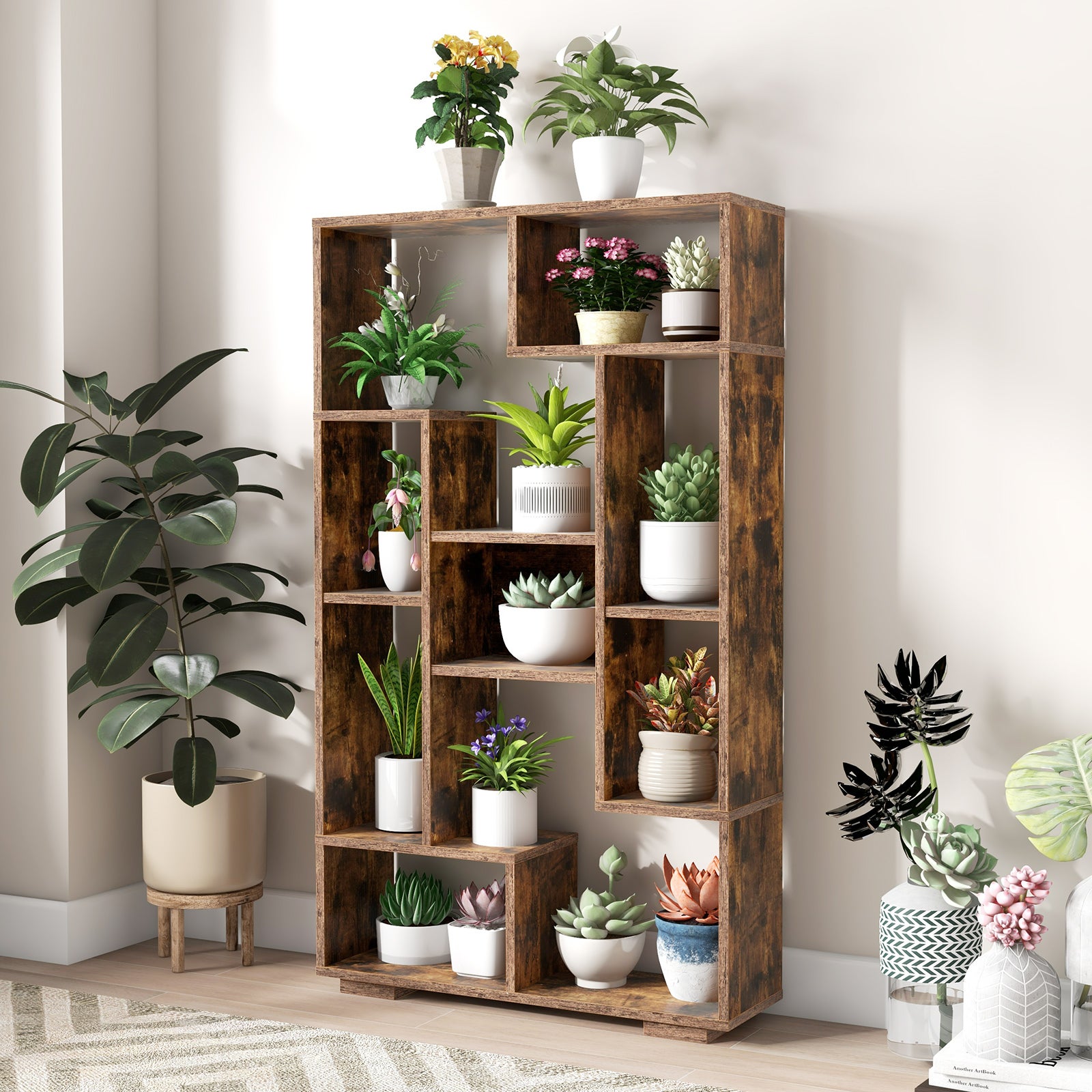 Bibliothèque Géométrique de 120 cm, Etagères Ouvertes, Etagère de Rangement Autoportante avec Kits anti-basculement, pour Bureau, Salon, Marron - 7