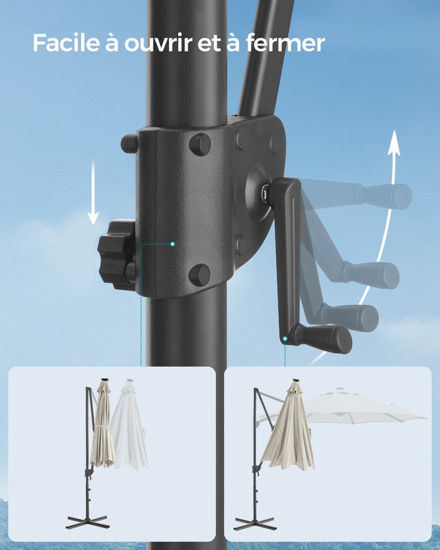 Parasol de Jardin 300 cm, 28 LED Solaires, UPF 50+, Pivotant à 360°, Inclinaison Fluide, Manivelle, avec Base en Croix, Blabc Crème - 7