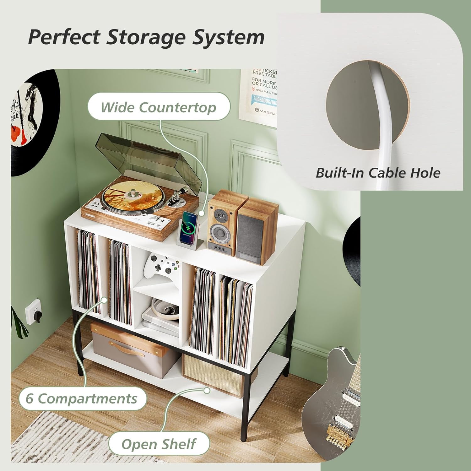 Meuble Platine Vinyle 80 x 45 x 79,5 CM, Table Tourne-Disque avec étagères & Station de Charge, Cadre en Métal, Organisateur de Rangement, Blanc - 7