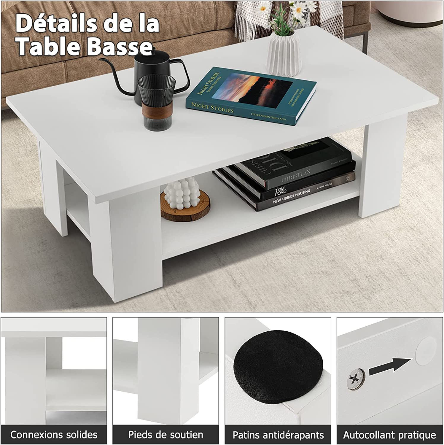 2-poziomowy stolik kawowy z drewna, stolik do salonu, nowoczesny, stolik pomocniczy, obciążenie do 125 kg, 90 x 52 x 32 cm, biały - 3