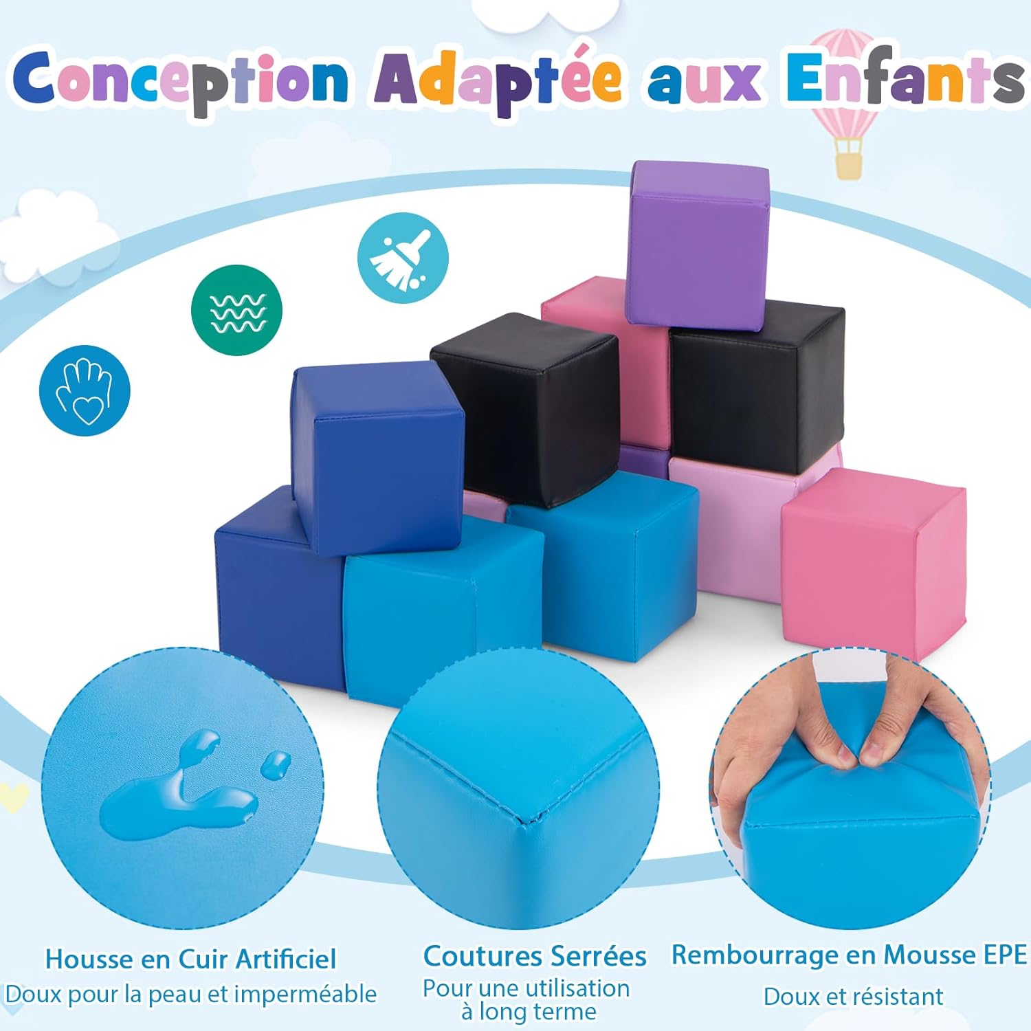 Module Motricité Bébé en Mousse EPE 12 PCS, Surface Imperméable PU, Bloc de Constructions en Mousse avec Couture Renforcée, Intérieur - 2