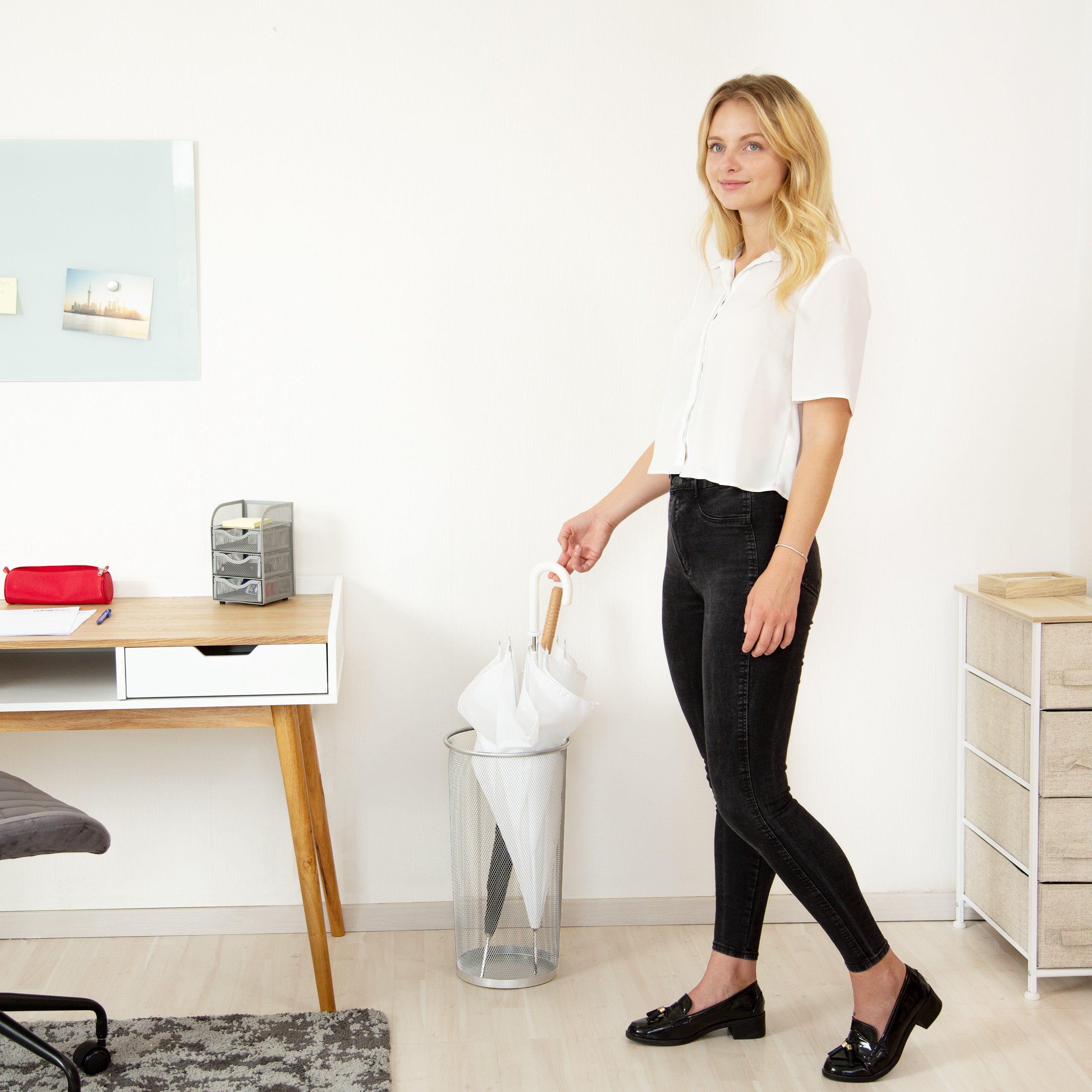 Porte-parapluies en métal support pour bâtons et cannes tressé métallique diamètre 26 cm, 50 cm hauteur noir, Relaxdays - 2