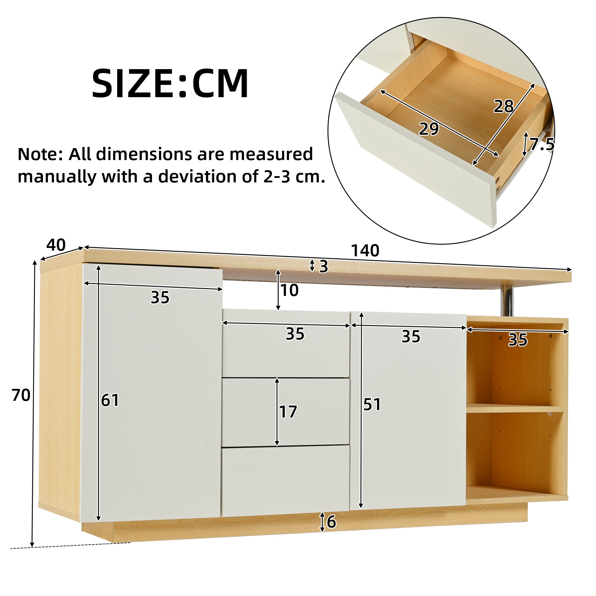 Credenza con illuminazione a LED - 2 ante, 3 cassetti, 2 nicchie - Naturale e Bianco - 7