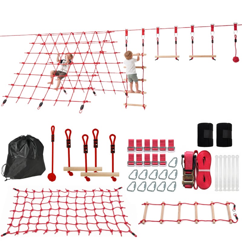 Slackline 10m, kółka, huśtawka, drabinka, siatka, 3-6 lat, 1000x300x180cm, czerwony