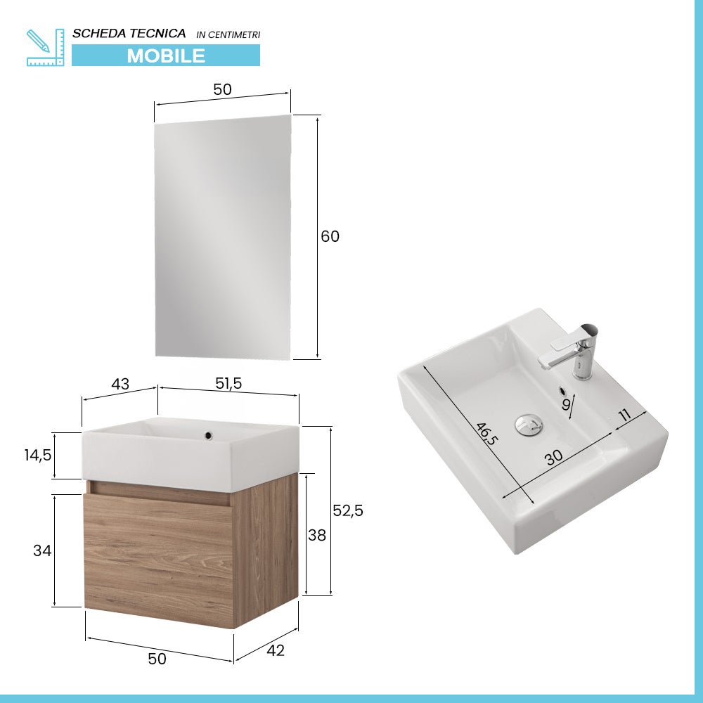 Mobiletto bagno sospeso 50 cm salvaspazio rovere 1 anta Kira - 3