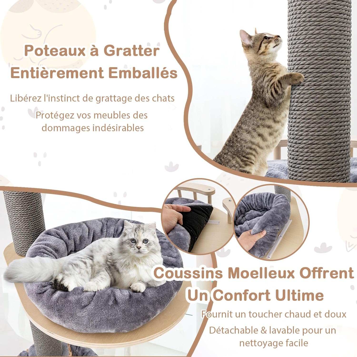 Árbol de Gato de Suelo al Techo, Altura Ajustable 236-271 cm, Grande Árbol de Gato de 5 Niveles con Poste Rascador Trampolín Cama Tipo Cesta Hamaca - 7