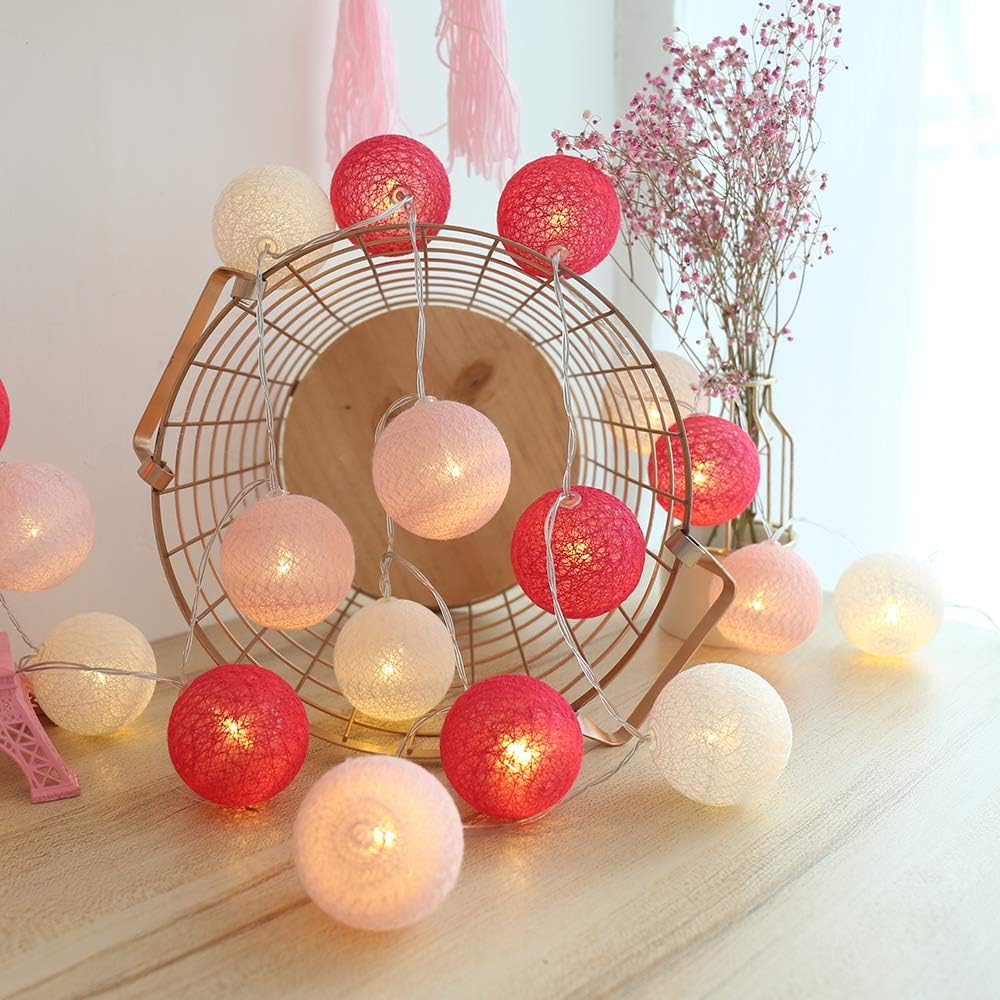 Girlanda Świąteczna z Bawełnianych Kul, Dekoracja Wnętrz Świąteczna, 3M 20 LED Kul, Księżniczka, Dziecko, Niemowlę (USB 6cm Różowy/Czerwony)