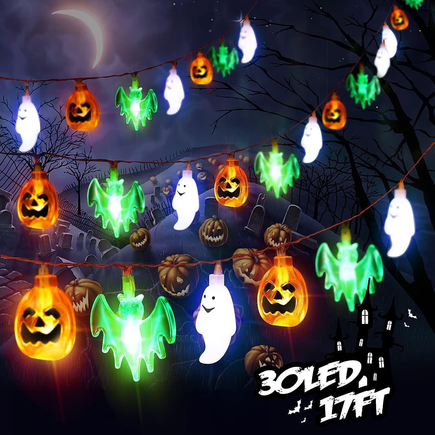 3 metry 20 lampek, latarnia z dyni, duch, zielone lampiony nietoperze na Halloween, połączony łańcuch świetlny LED, zawieszka z PVC