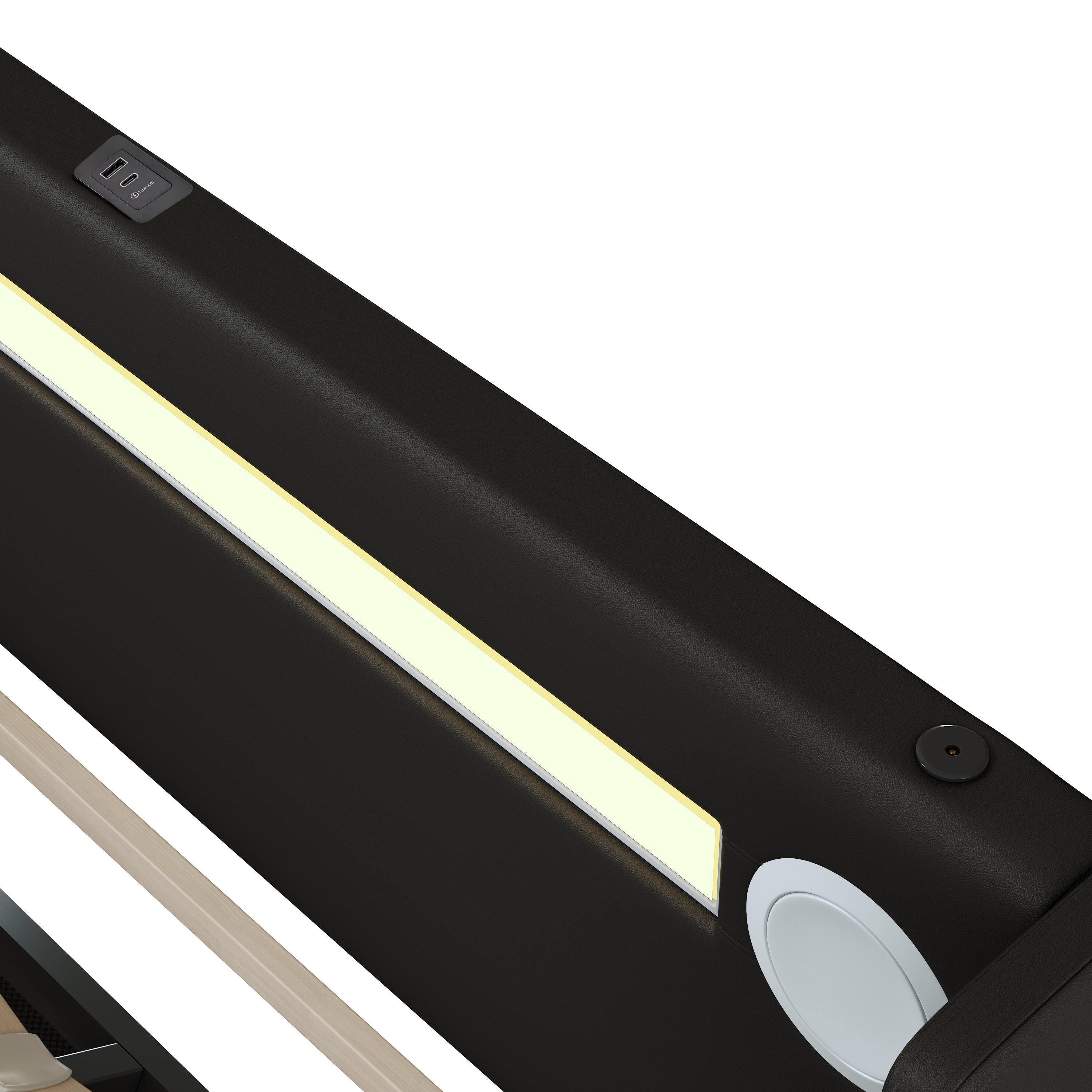 Łóżko z tapicerowanym zagłówkiem z ekoskóry 140x200cm z LED, odtwarzaczem Bluetooth i portami USB - z stelażem na listwy - Czarne - 5