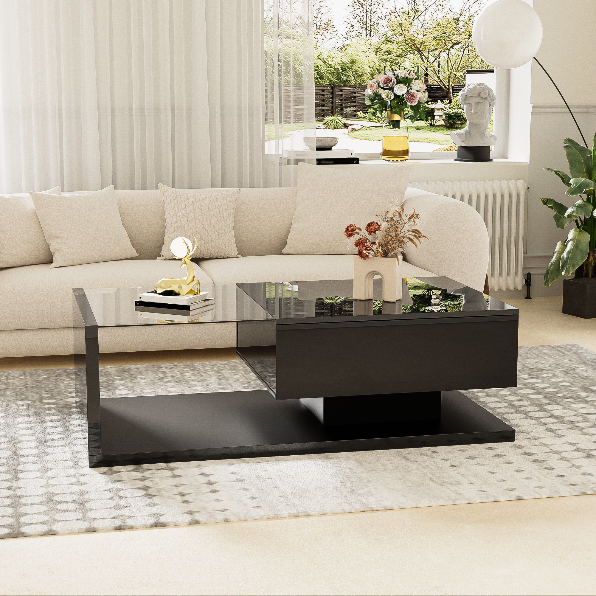 Table basse avec LED - en verre et panneaux de particules - Noir - 4