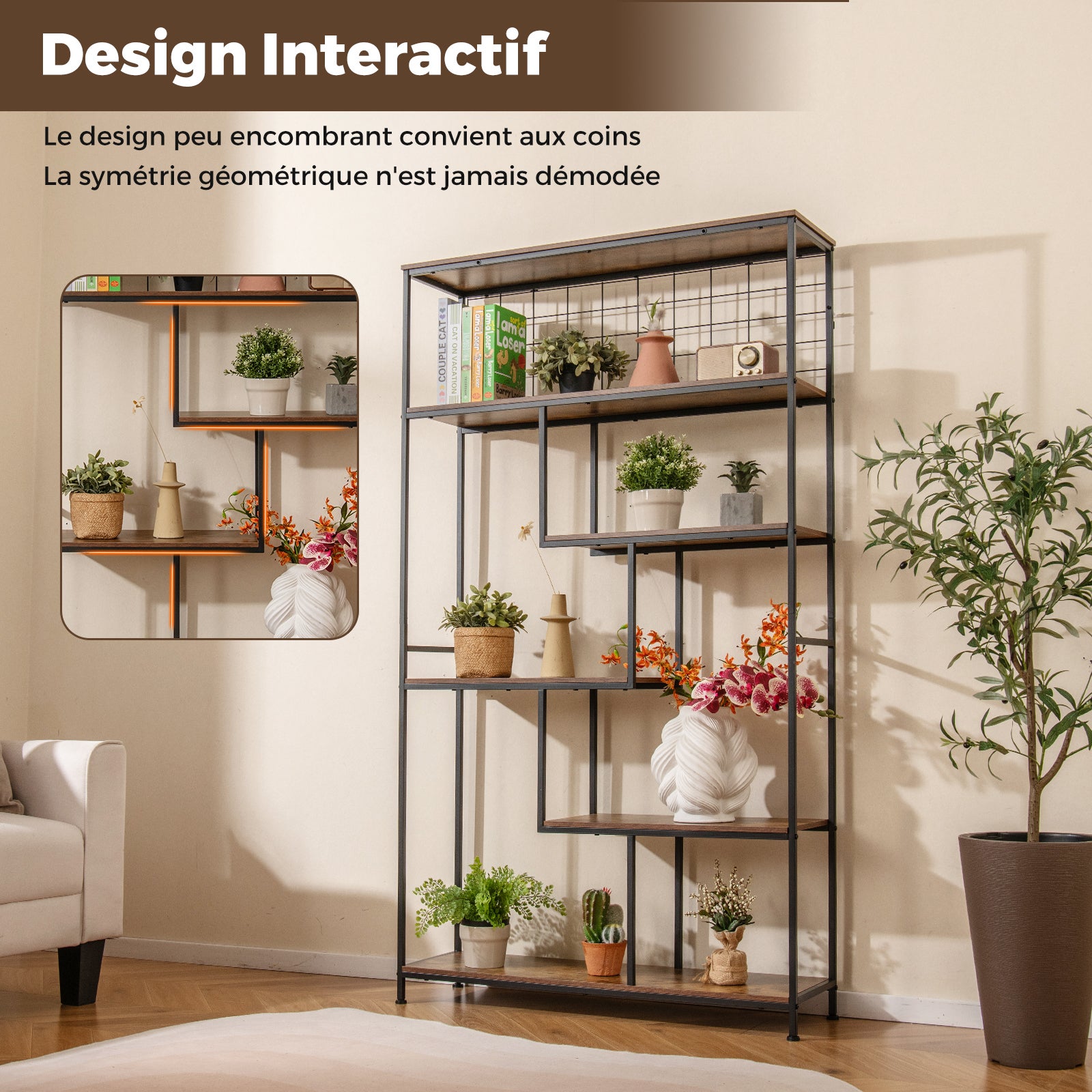 Support pour Plantes à 6 Niveaux, Bibliothèque Haute avec Filet en Métal, pour Salon Terrasse, 100 x 30 x 180 cm, Brun Rustique - 6