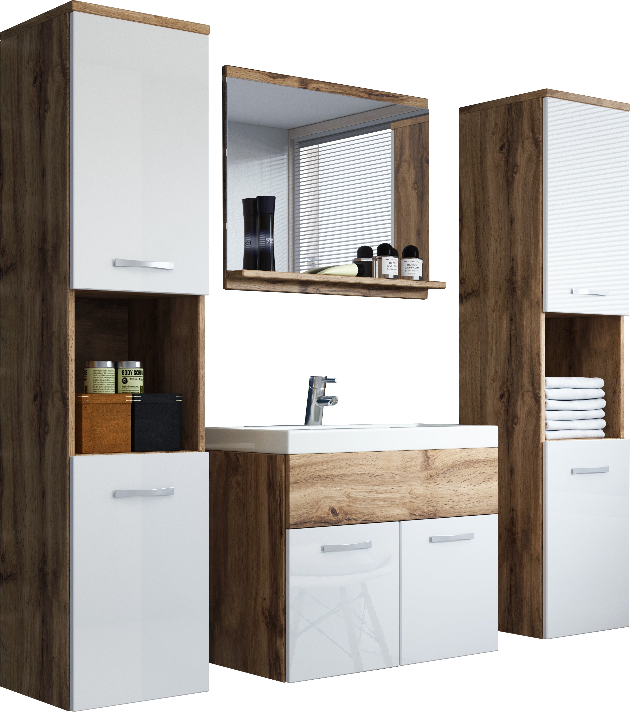 Komplet mebli łazienkowych w kolorze dąb wotan / biały połysk - MONTANA XL