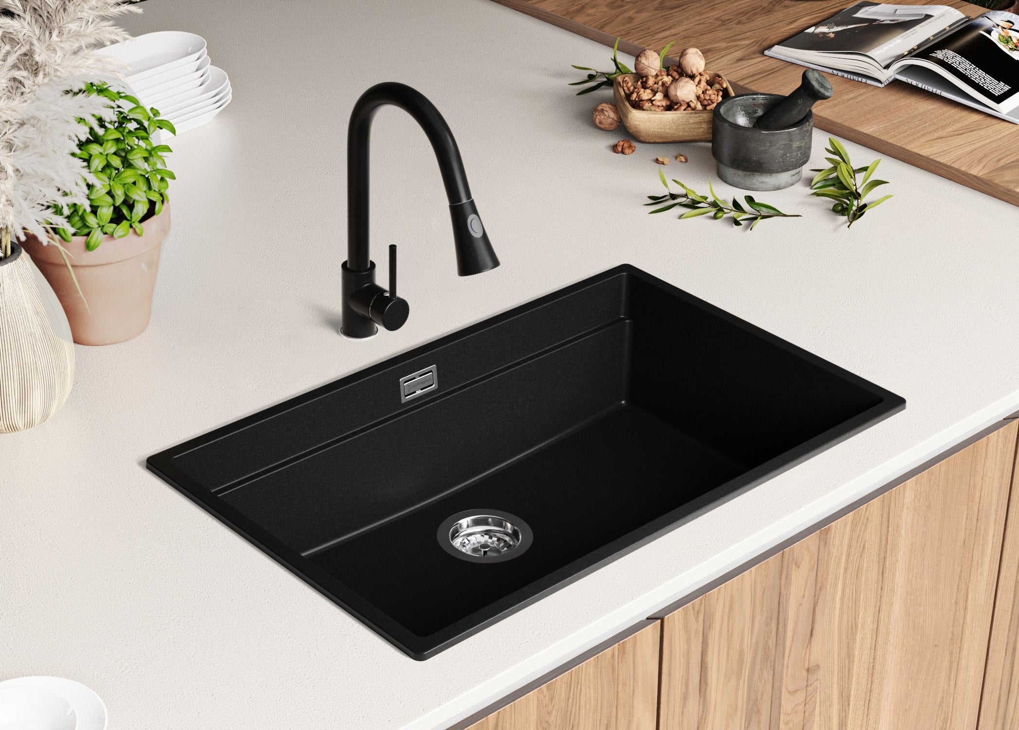 Lavandino da Cucina Nero 76x47cm, Lavello in Granito a 1 vasca + Sifone Classico + Accessori, Lavabo da Cucina Incasso al mobile 80cm PRIMAGRAN - 3