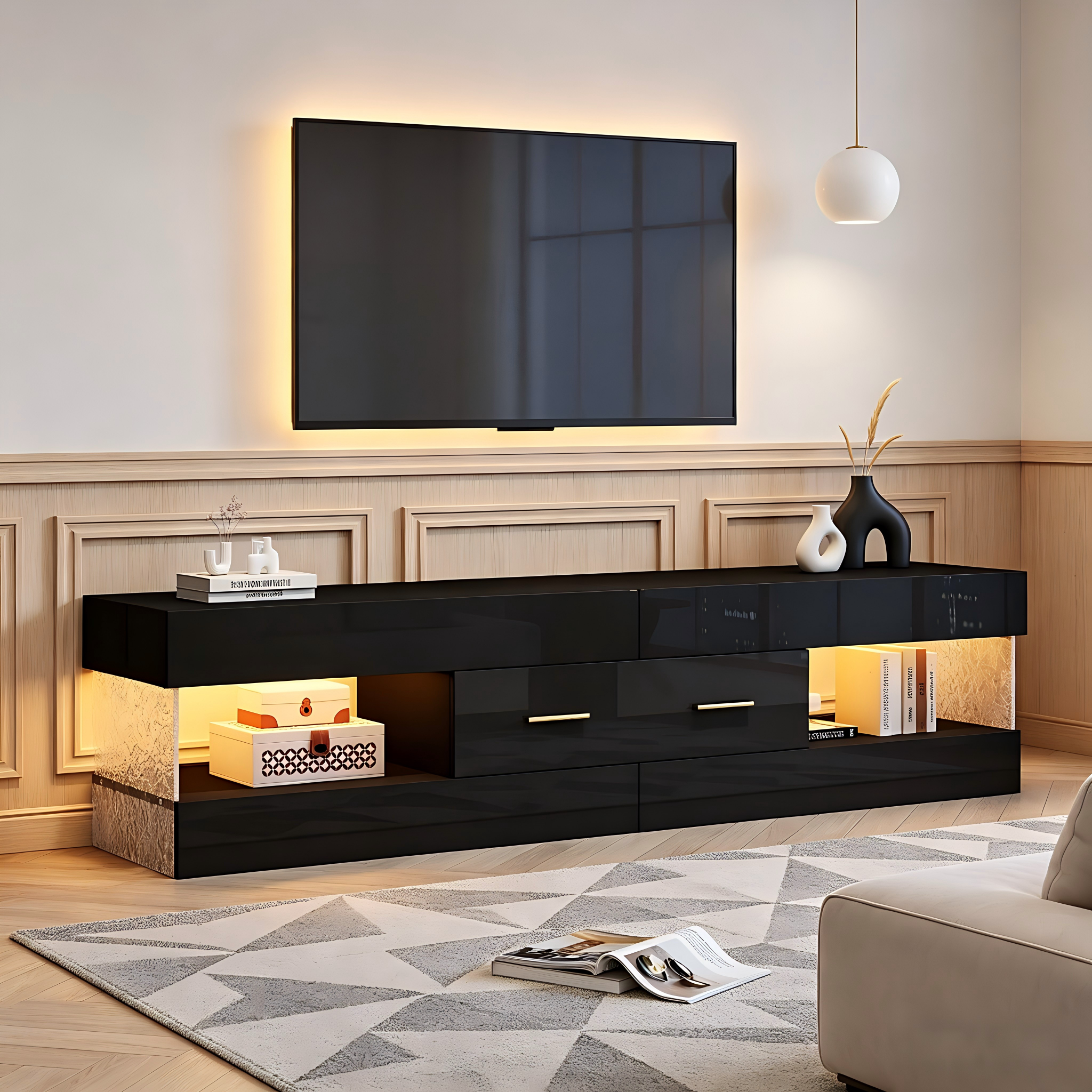 Meuble TV Noir Brillant 152 cm avec LED et Tiroirs, Banc TV Acrylique ...