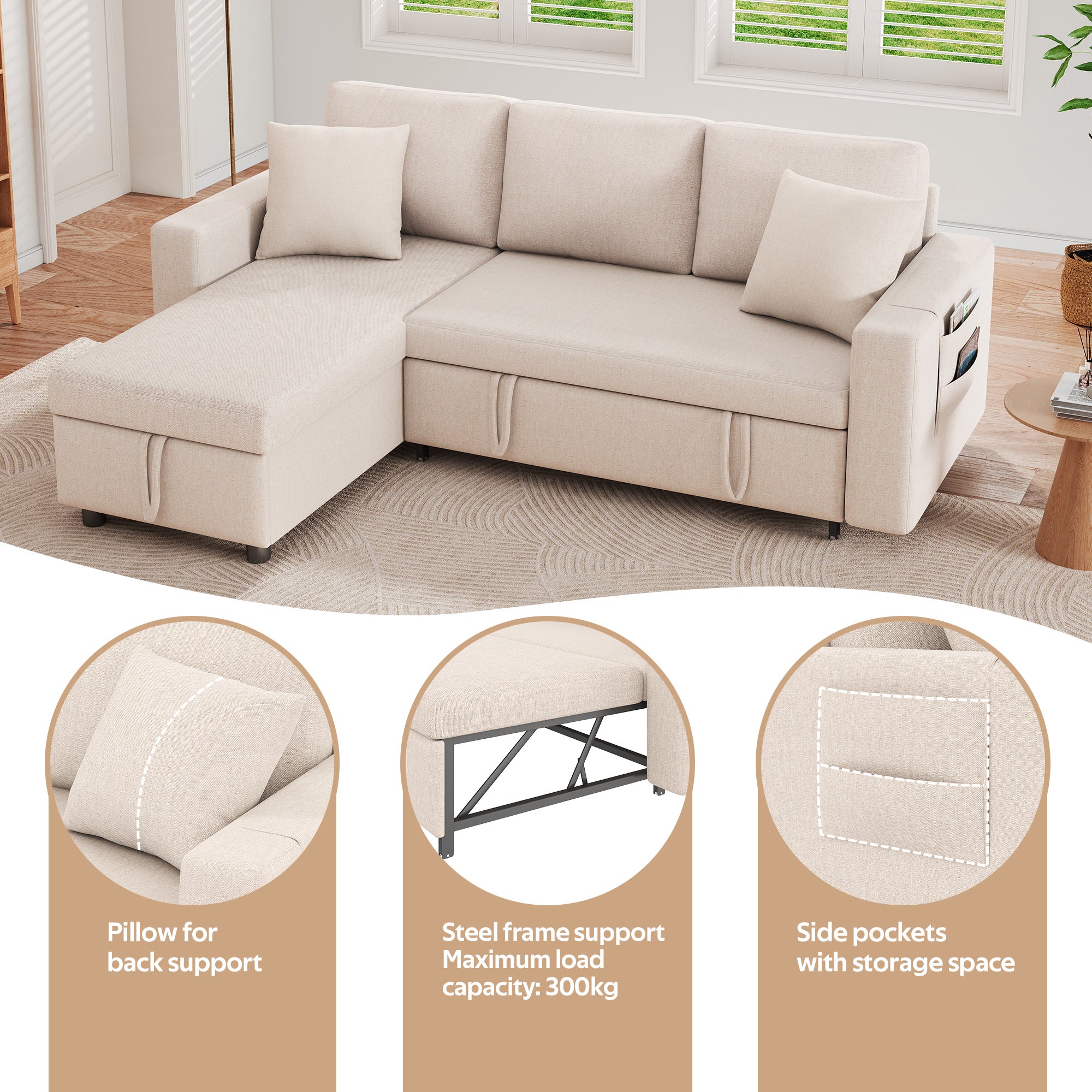 Canapé d'angle convertible réversible 4 places, Tissu en Lin,L219,canape convertible avec coffre de rangement,canapé en L,beige - 3