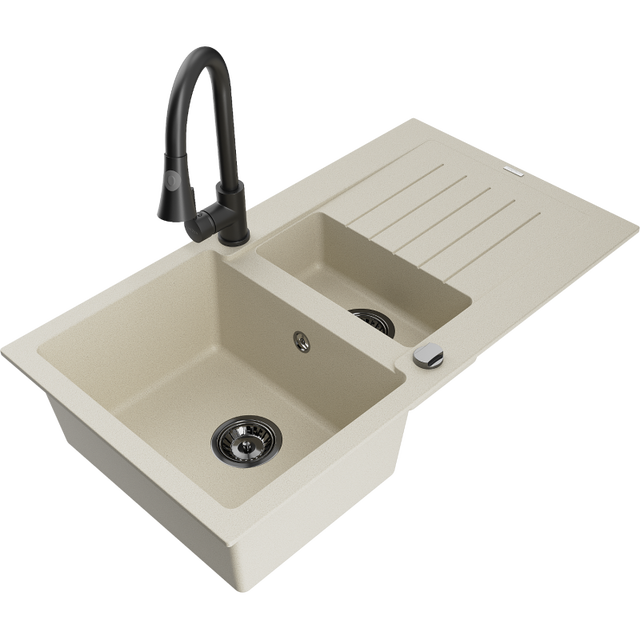 Mexen Matias évier en granit 1,5 bac avec égouttoir et robinet de cuisine Elia, beige - 6502-69-670101-70
