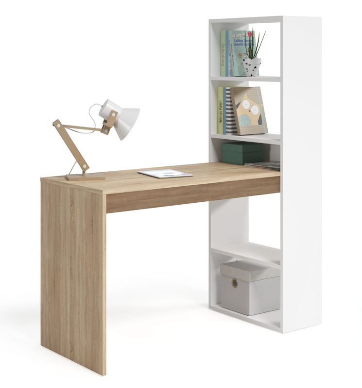 Bureau ADELE avec étagère de rangement réversible intégrée L120cm X P53cm X H144cm - Blanc / Bois - 2