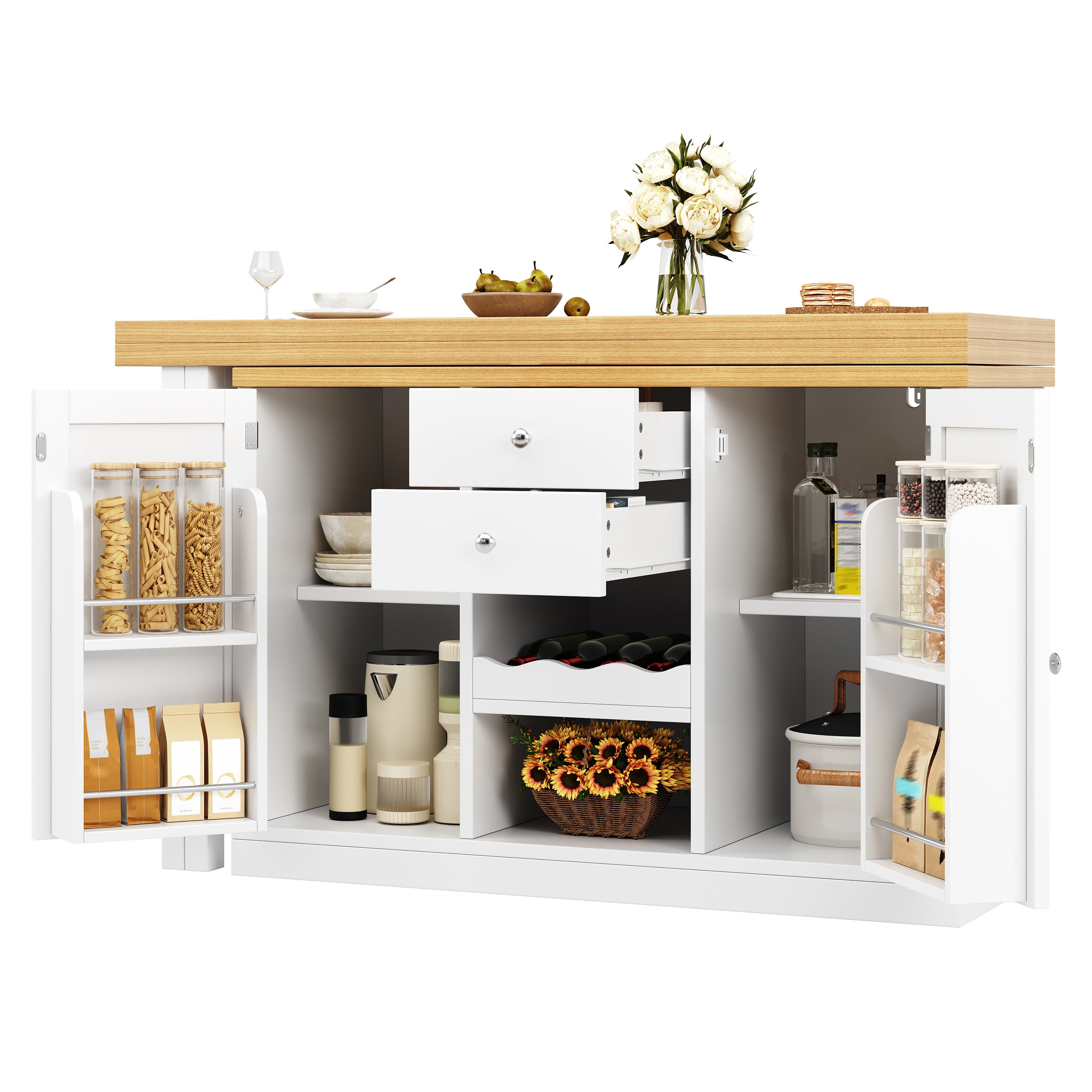 Îlot de cuisine,table à manger extensible rotative à 360°, vin et étagère de rangement,portes à fermeture magnétique,120-197x40x74cm - 8