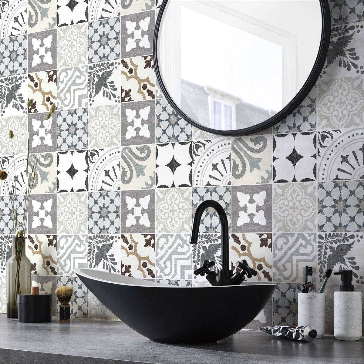 9 vinilos baldosas de cemento ivo - adhesivo de pared - revestimiento sticker mural decorativo - 9stickers10x10cm