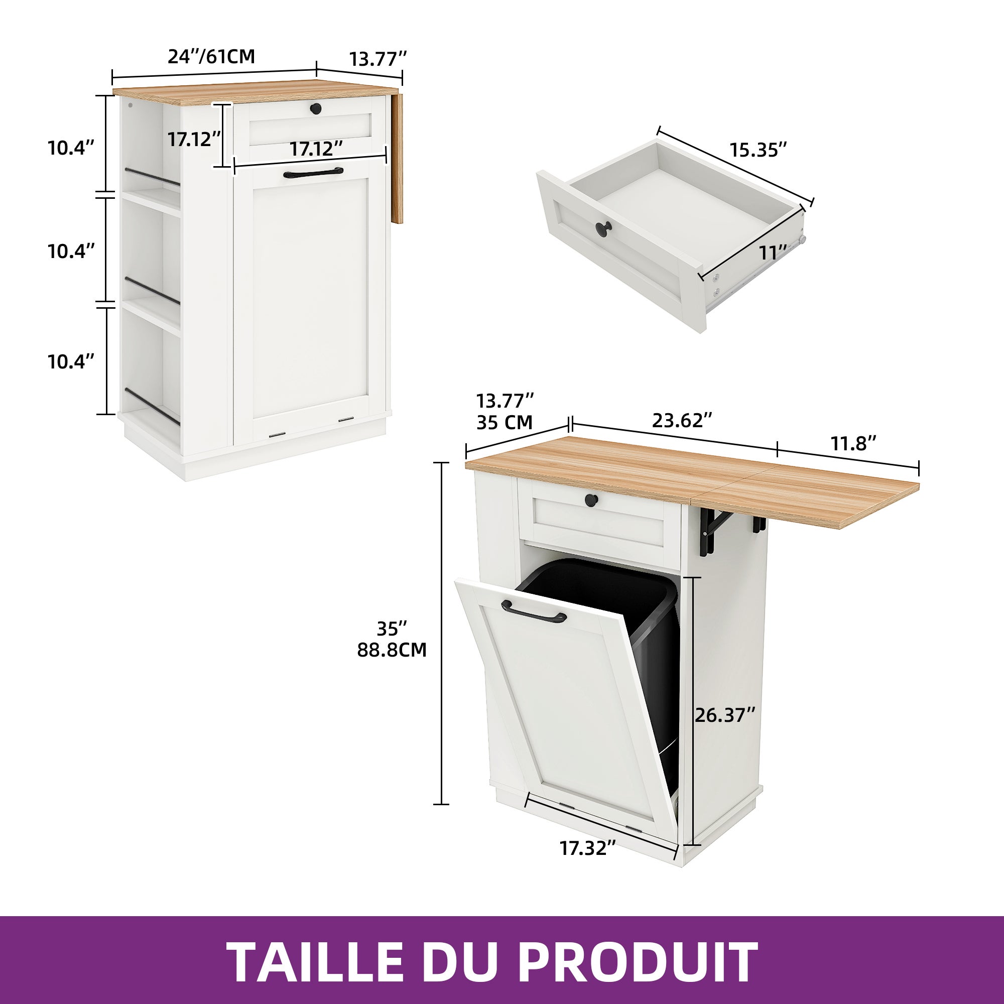 YITAHOME Buffet de cuisine multi-rangement avec Space de Poubelle - 1 Tiroir - Rangement latéral - Blanc - 4