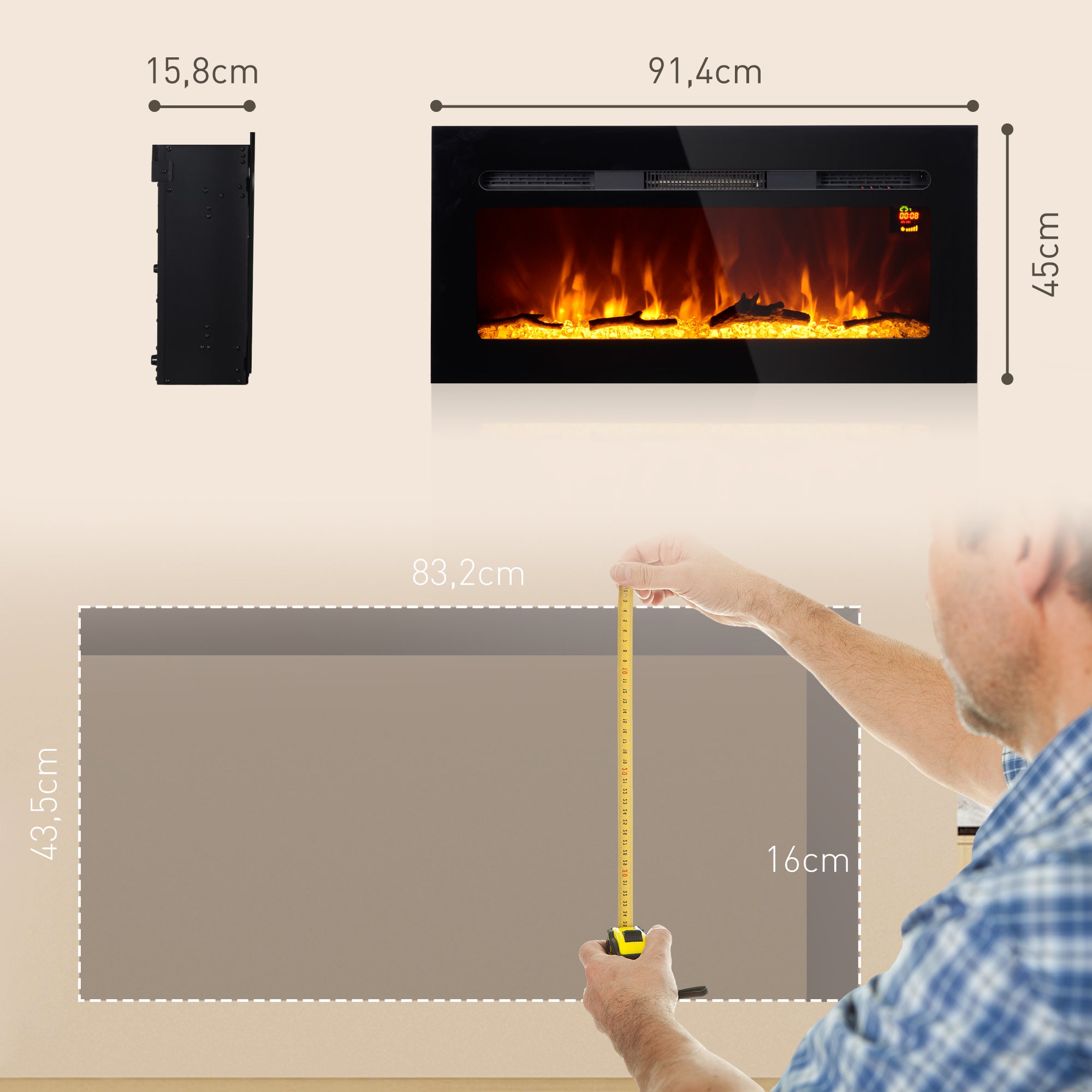 Cheminée électrique 1800 W avec effet flamme en LED 3 couleurs et 5 ...