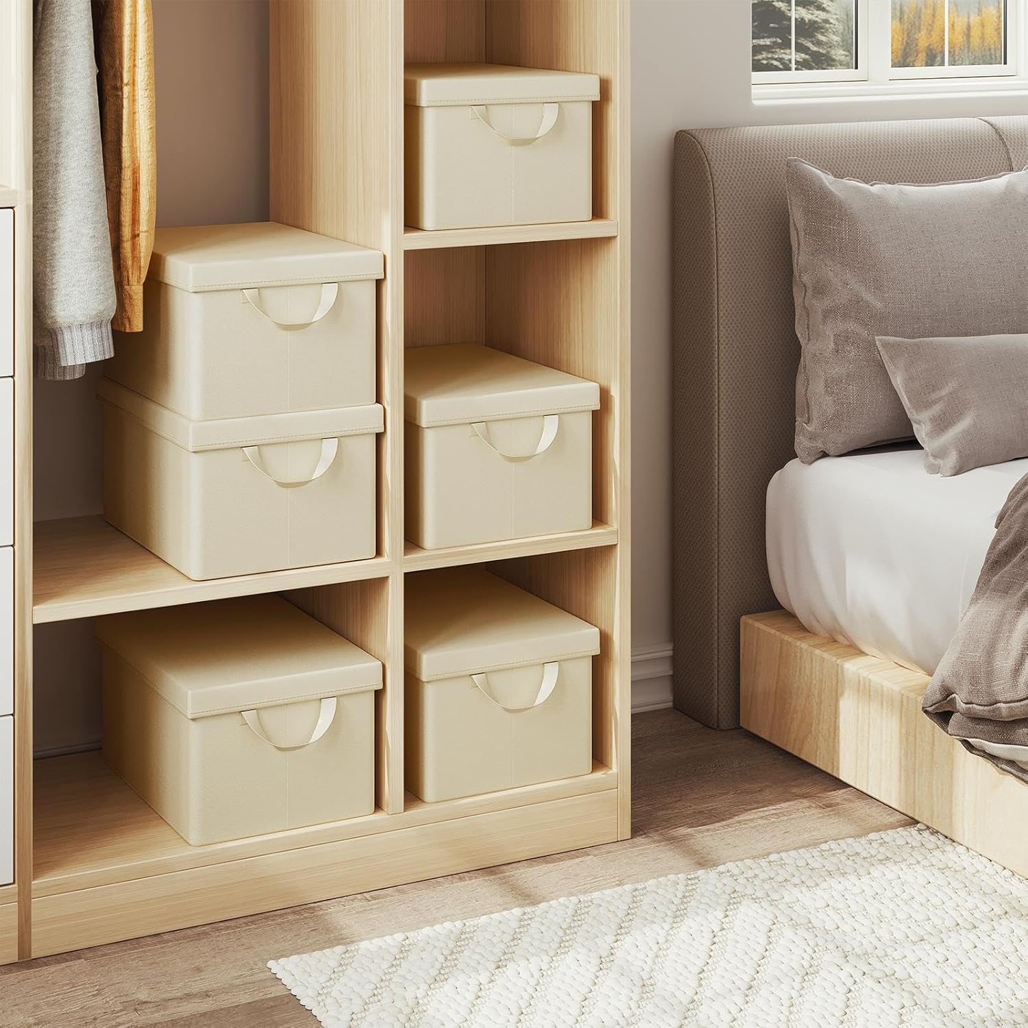 Lot de 6 Boîte de Rangement WOLTU, 38x27x20 cm, avec Couvercle, Coffre de Rangement en Tissu non Tissé, Pliable, Crème - 2
