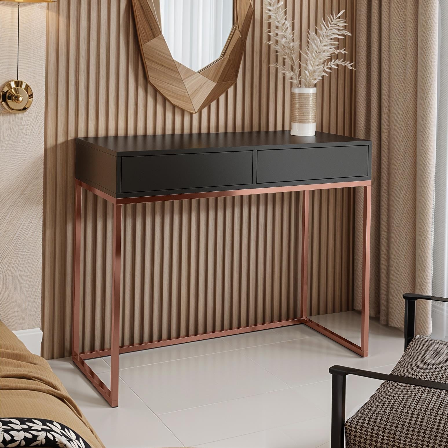 Toaletka CUBIC 80 z miedzianym stelażem i czarnym blatem – Loftowa toaletka z minimalistycznym designem - 2