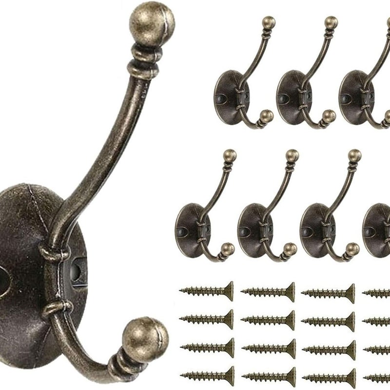 Wieszak Ścienny w Stylu Vintage, 8 Ciężkich Metalowych Podwójnych Haczyków do Zawieszania Ubrań Ręczników Czapek Kluczy Toreb, Brąz