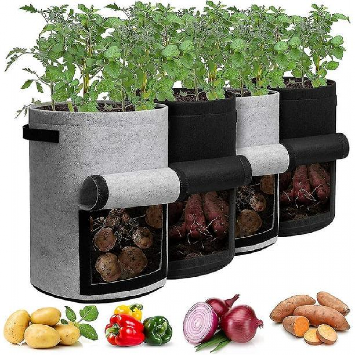 Saci de cultivat cartofi cu clapă, 10 galoane, set de 4, ghivece cu mânere și fereastră de recoltare pentru cartofi, pentru 4buc