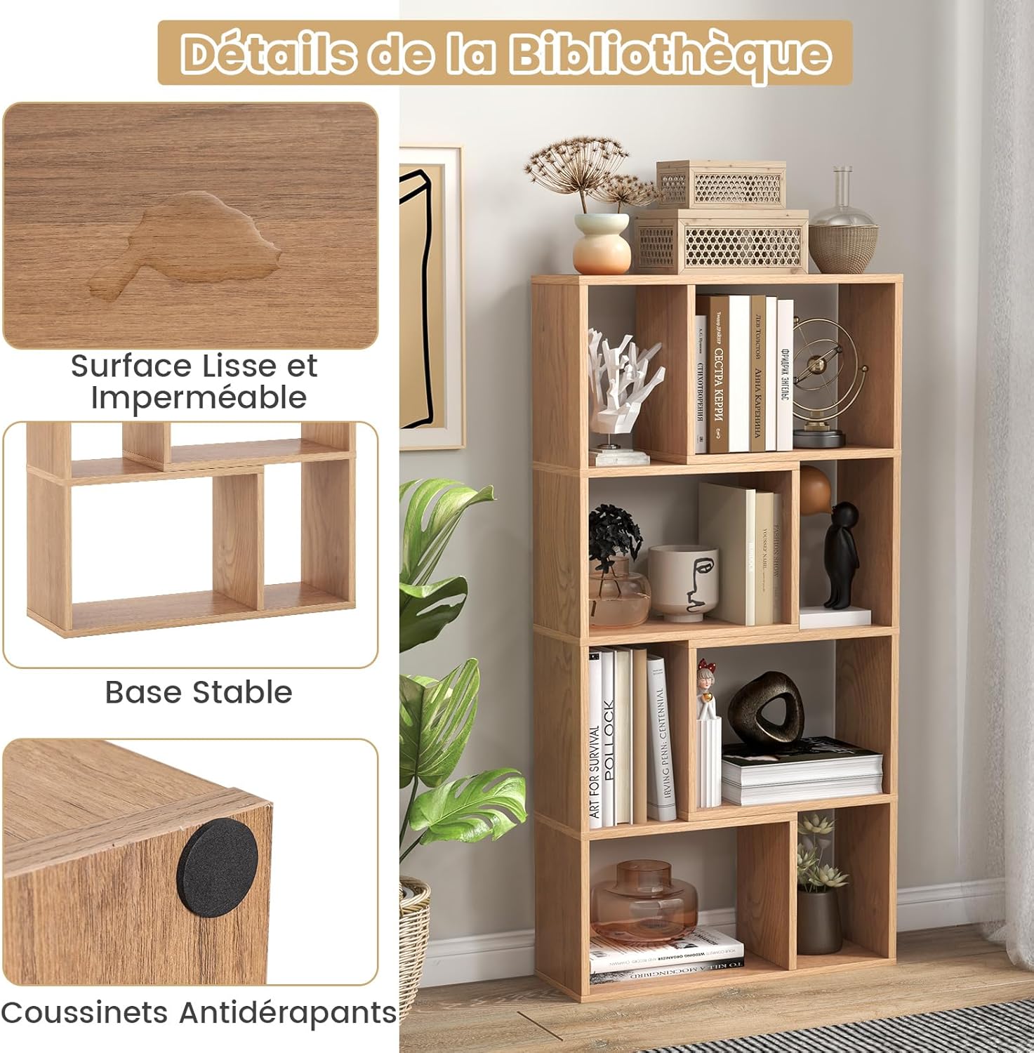 Libreria geometrica in legno, mensola aperta con 8 cubi, scaffale portaoggetti, per camera da letto, 60x20x120 cm (naturale) - 5