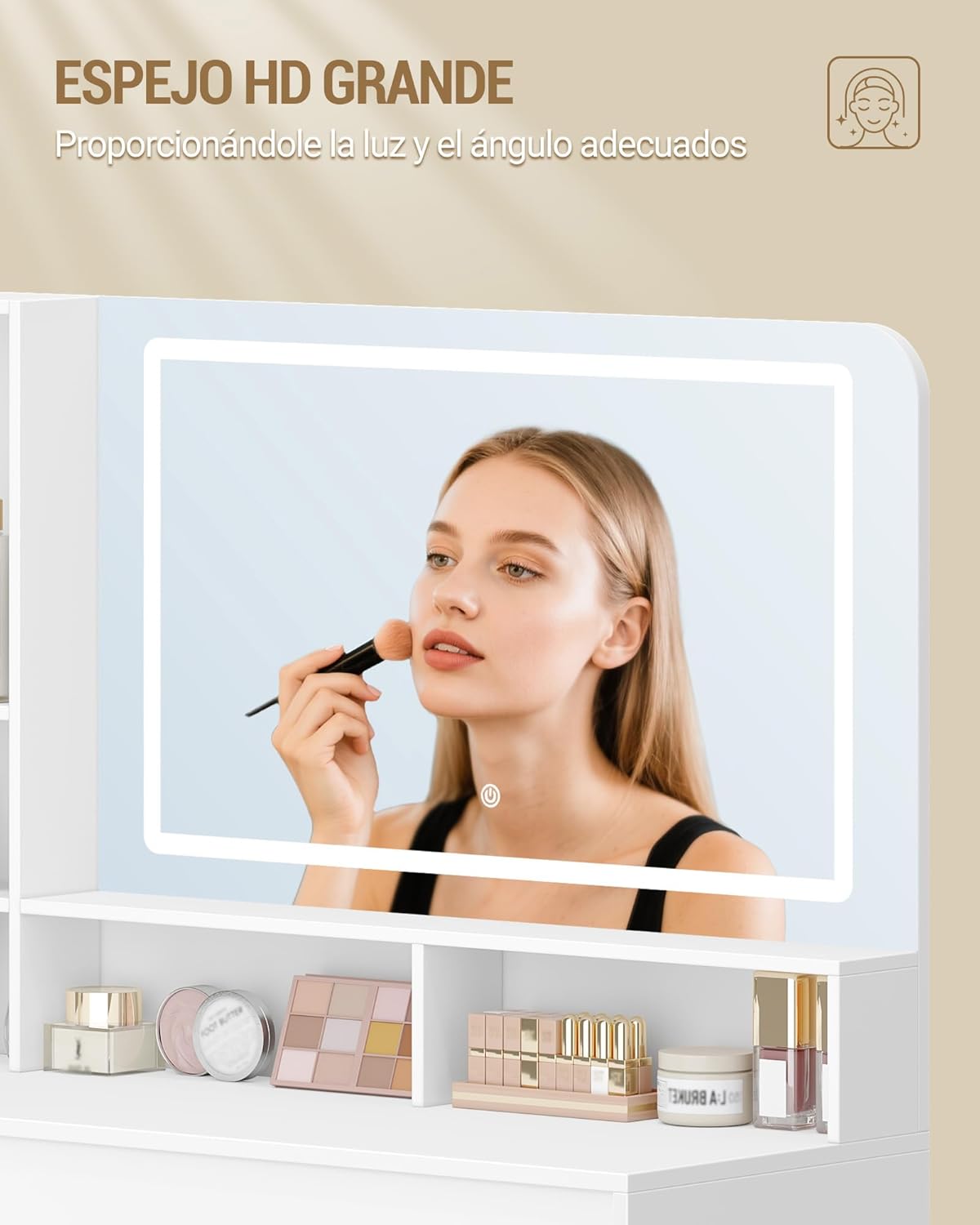 Coiffeuse avec Grand Miroir, avec éclairage LED, Coiffeuse d'angle en L, avec 5 Tiroirs et 7 Compartiments Ouverts, Crochets pour Colliers,Blanc - 5
