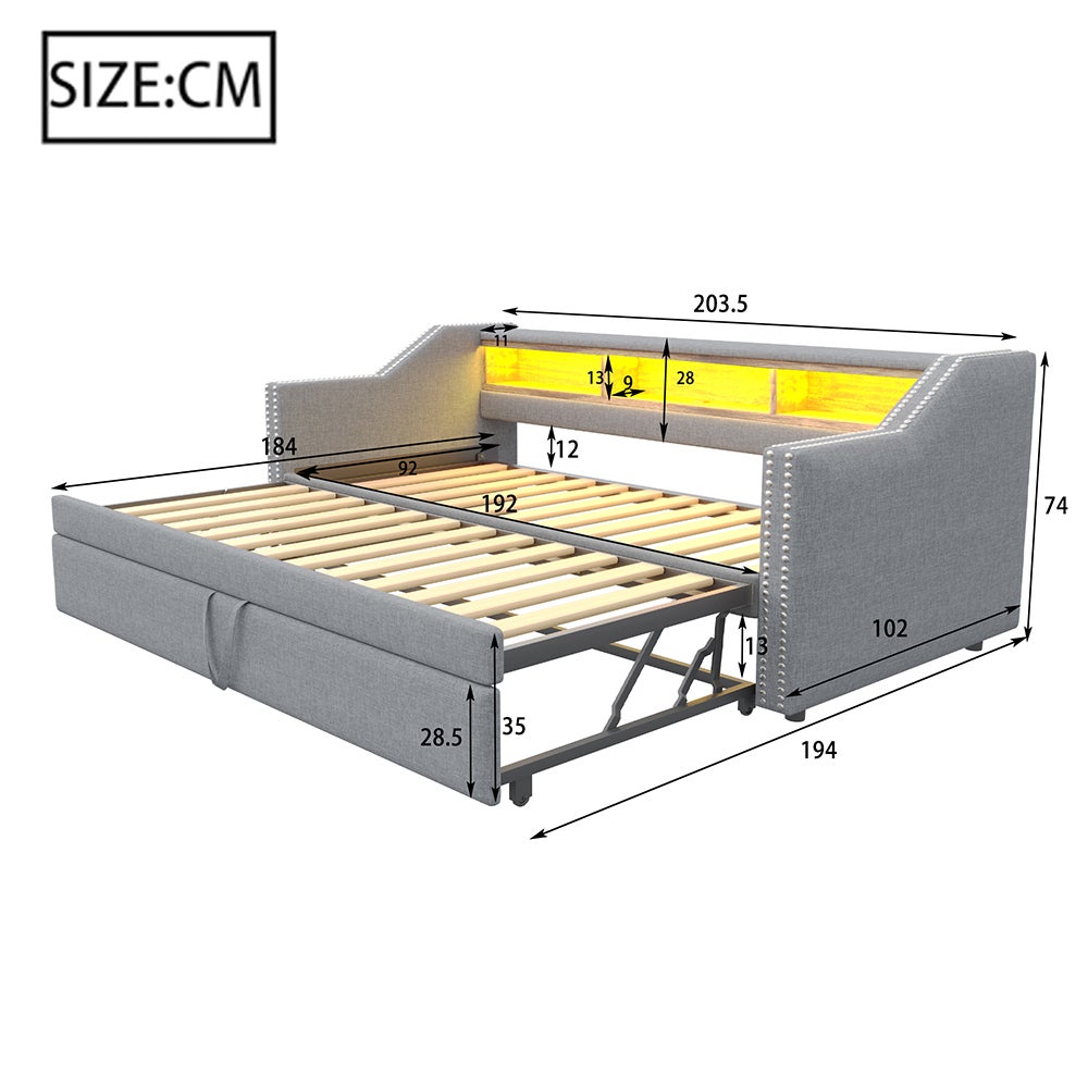 Canapé-lit extensible 90/180 x 190 cm, éclairage LED et prise USB, gris clair - 3