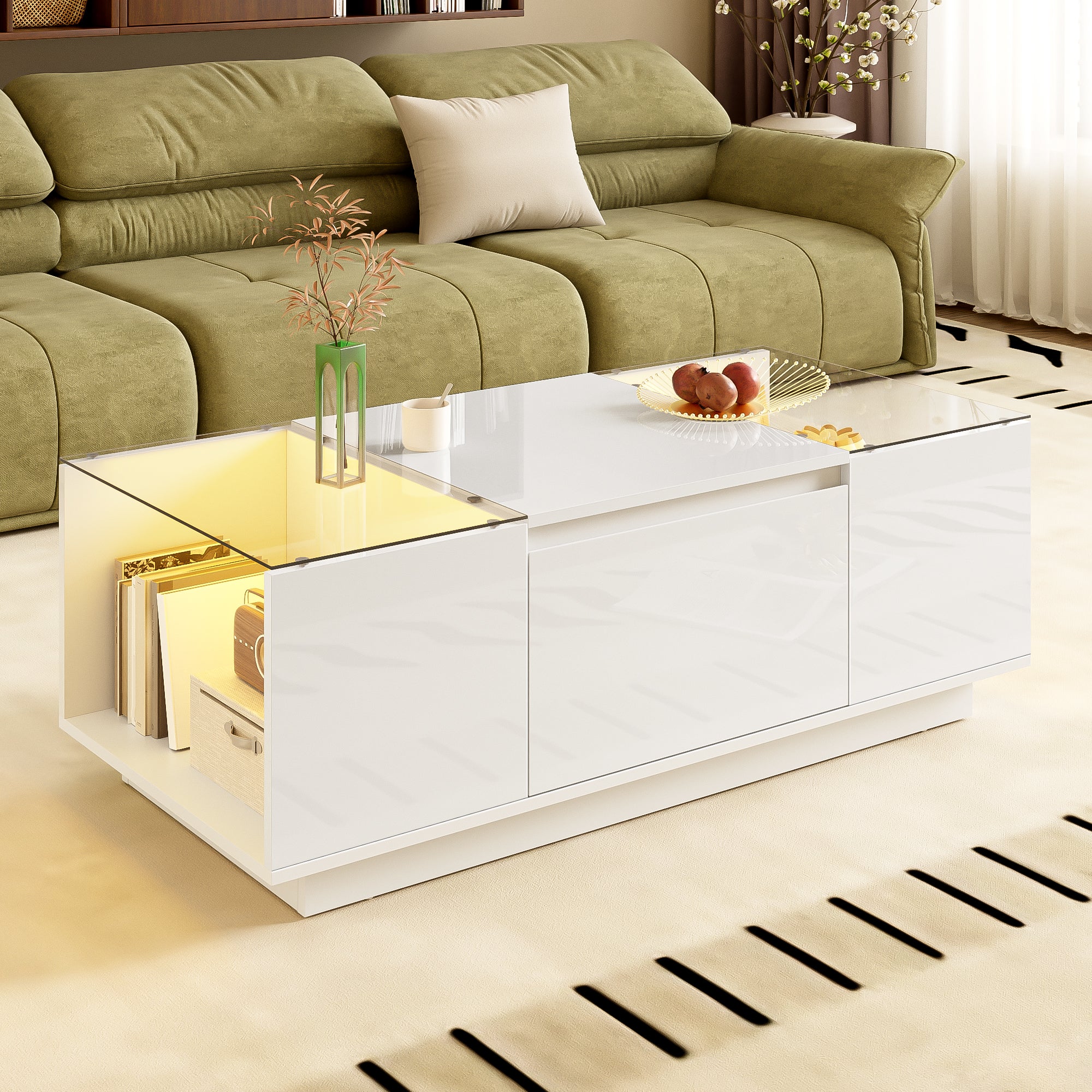 Nowoczesna stolik kawowy 105×50×35 cm - szklany blat - z oświetleniem LED - 2 szuflady - otwarte półki - biały