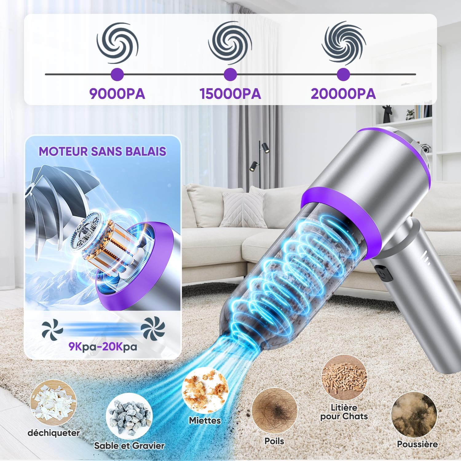 Aspirateur de voiture puissant, 16&nbsp;000 PA, 4 en 1, 3 vitesses, avec filtre HEPA, mini sans fil - 2