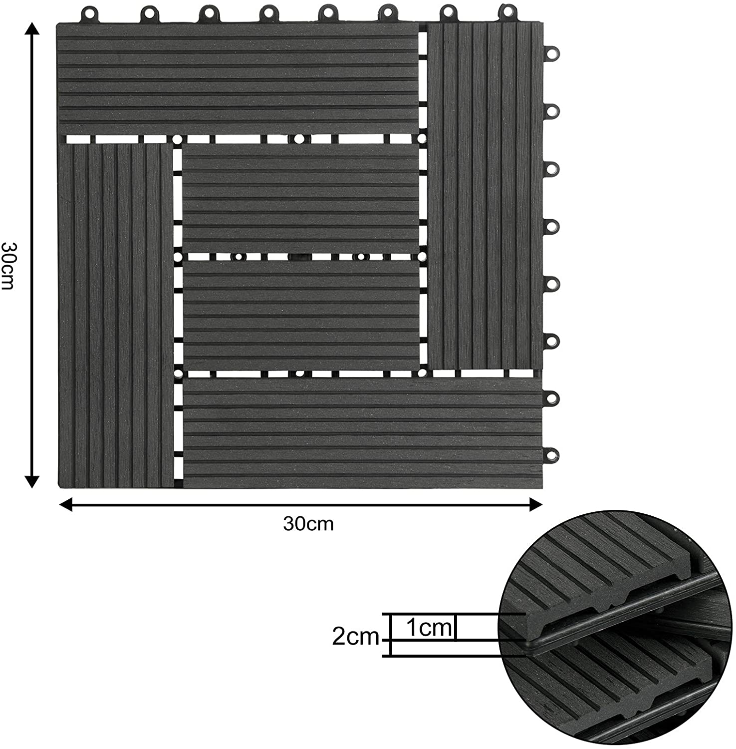 Carrelage de sol Dalle WPC 30x30cm, pour jardin terrasse extérieur fixation plug-in, Anthracite 22 pièces/2 m², WOLTU - 3