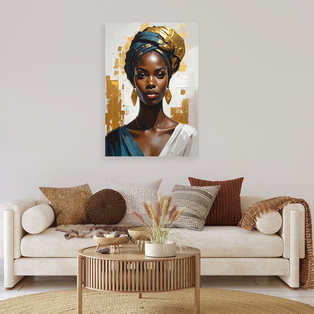 Obraz do salonu sypialni, Portret kobiety w złotym turbanie w stylu glamour 40x60 - 2