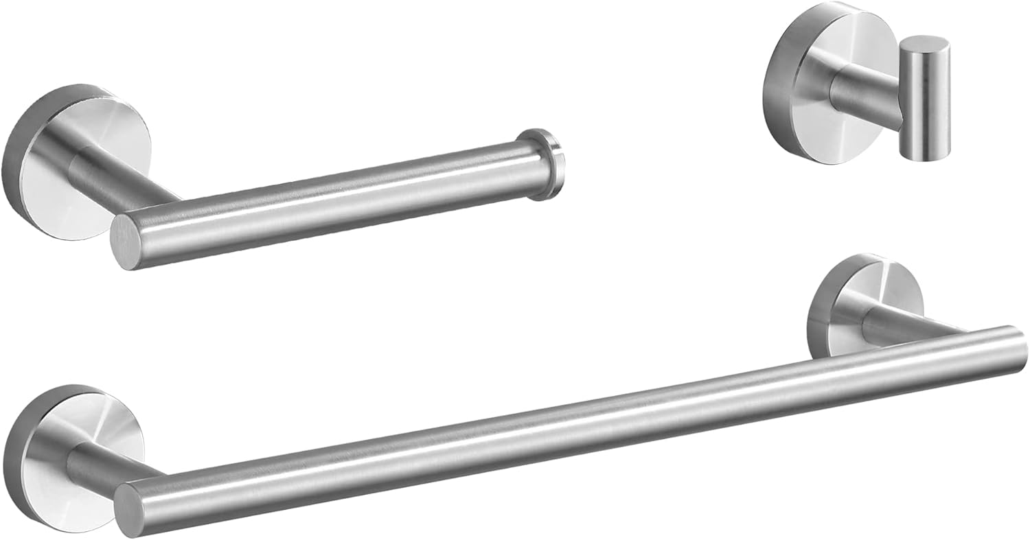 TocTen - Set di accessori da bagno in acciaio inox SUS304, con barra porta asciugamani da 40 cm + porta carta igienica + 3 ganci da parete per