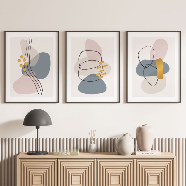Lote de 3 Pósteres Tríptico Decorativos - Abstracto-Borde Negro - 3 Poster - 21x29,7 cm - Marcos no incluidos
