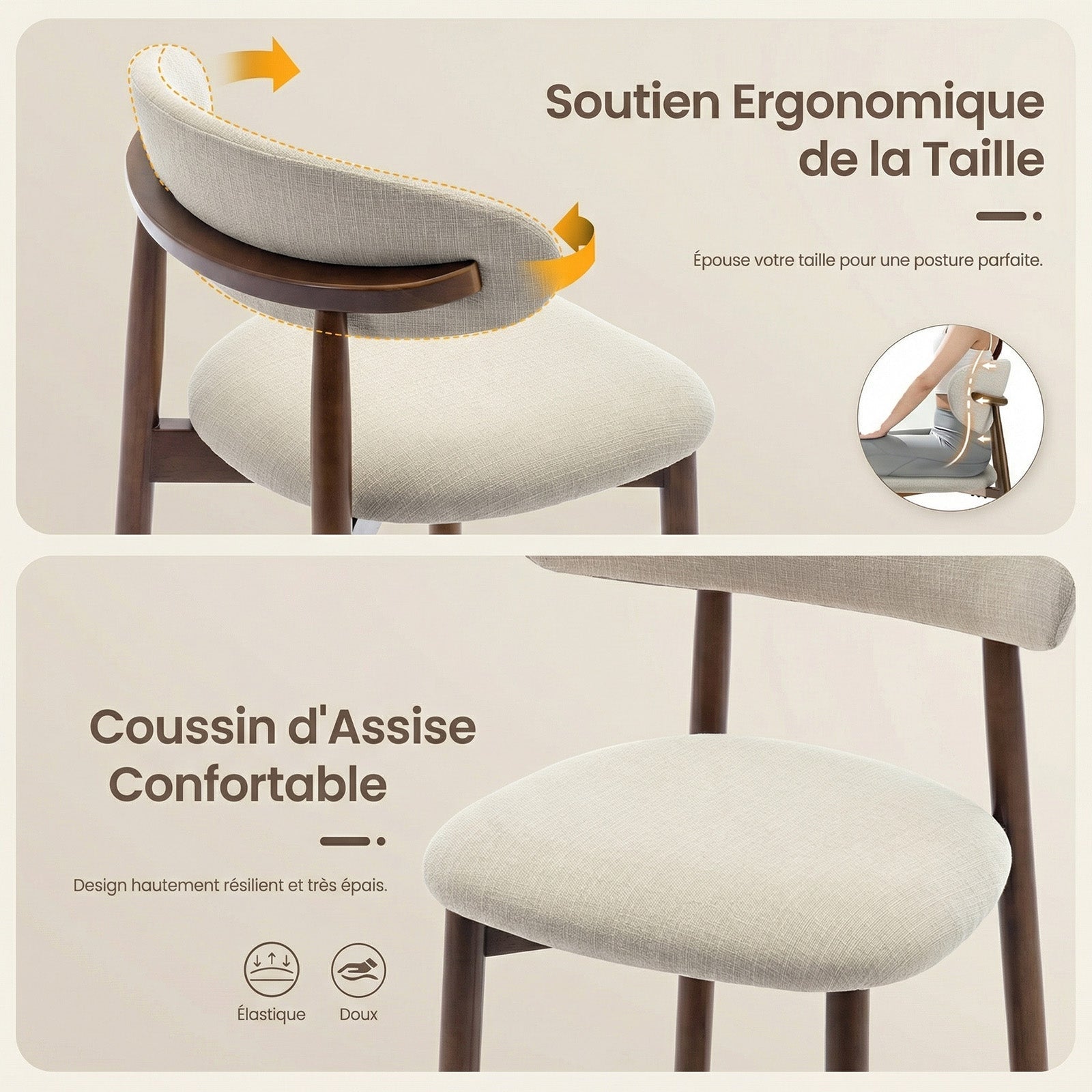 Lot de 2 Chaises de Bar Modernes, Assise Confortable en Tissu, Structure en Bois, Beige - 4