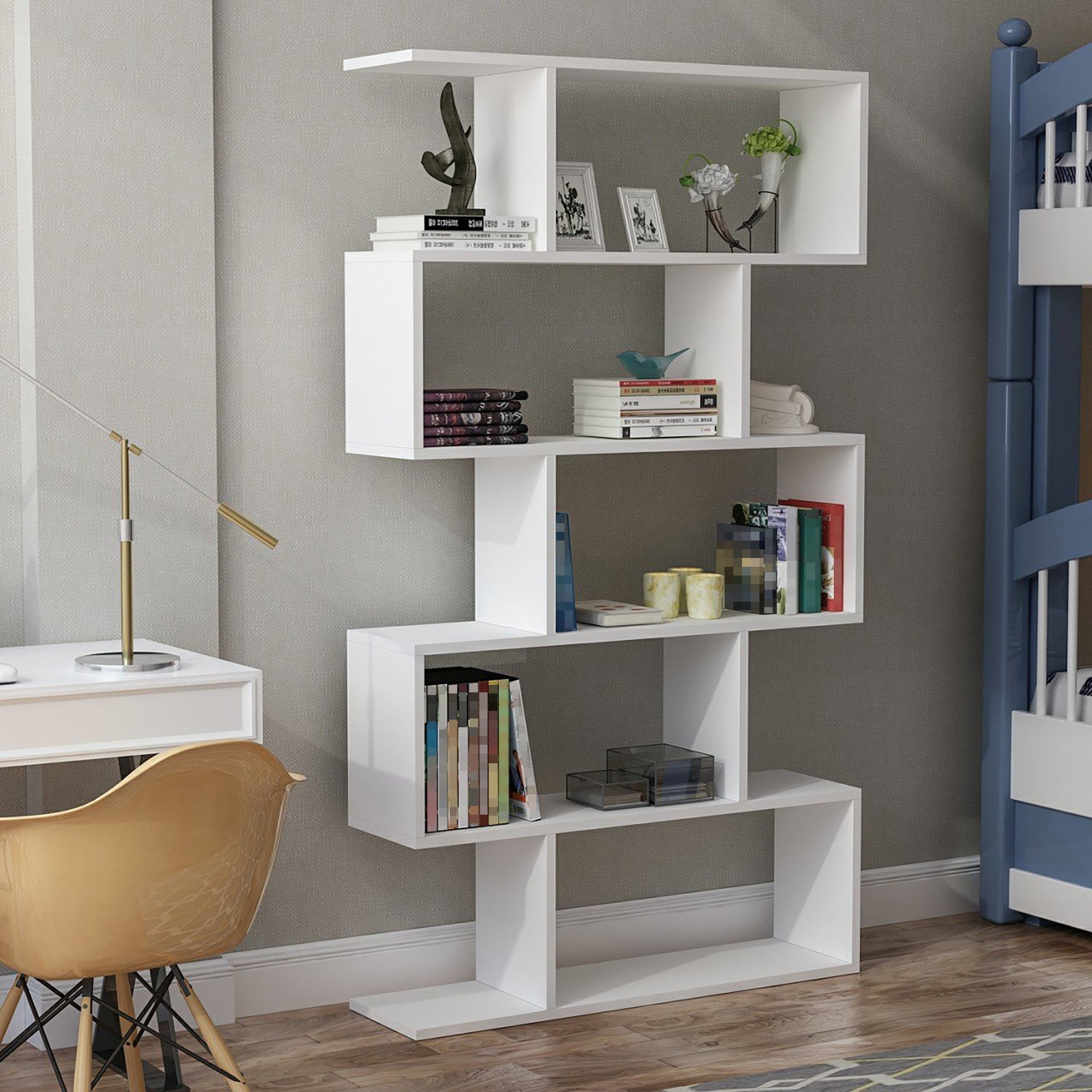 Libreria A Forma Di S - 5 Ripiani, Legno, Nero, 70x23,5x158cm - Divisorio Elegante - Foto 9