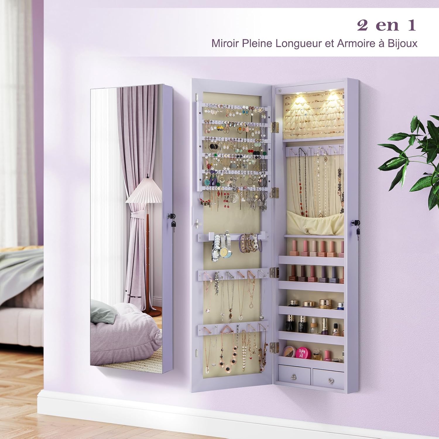 Armoire à Bijoux avec Miroir, Armoire a Bijoux Murale avec Éclairage LED, 2 Tiroirs, Fixer au Mur ou à Suspendre sur Porte (Violet) - 4
