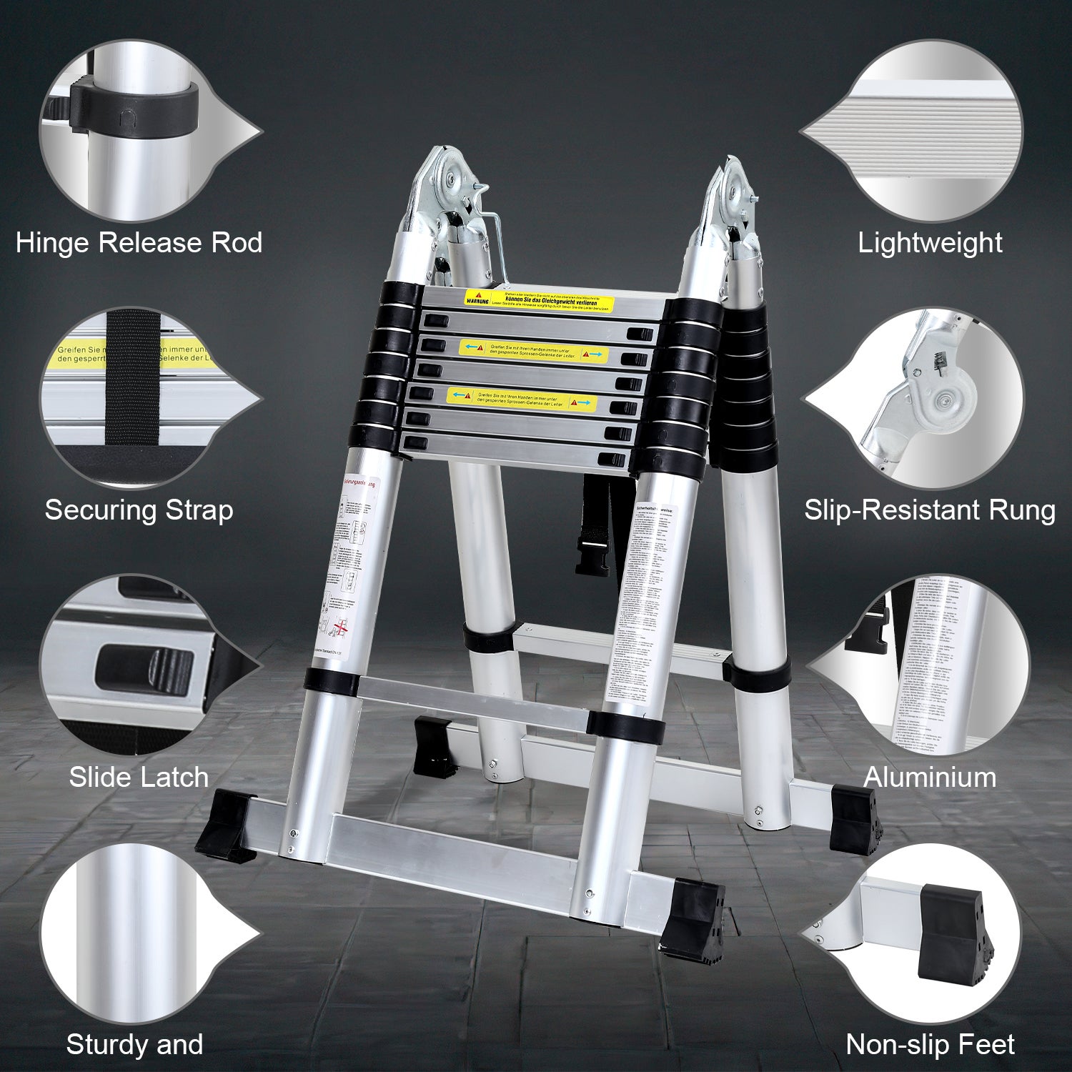Aluminium Échelle pliante 2,5m+2,5m Télescopique Pliable avec Mains Courantes Amovibles, Éxtensible Échelle Droite Simple, Charge max 150 kg - 3