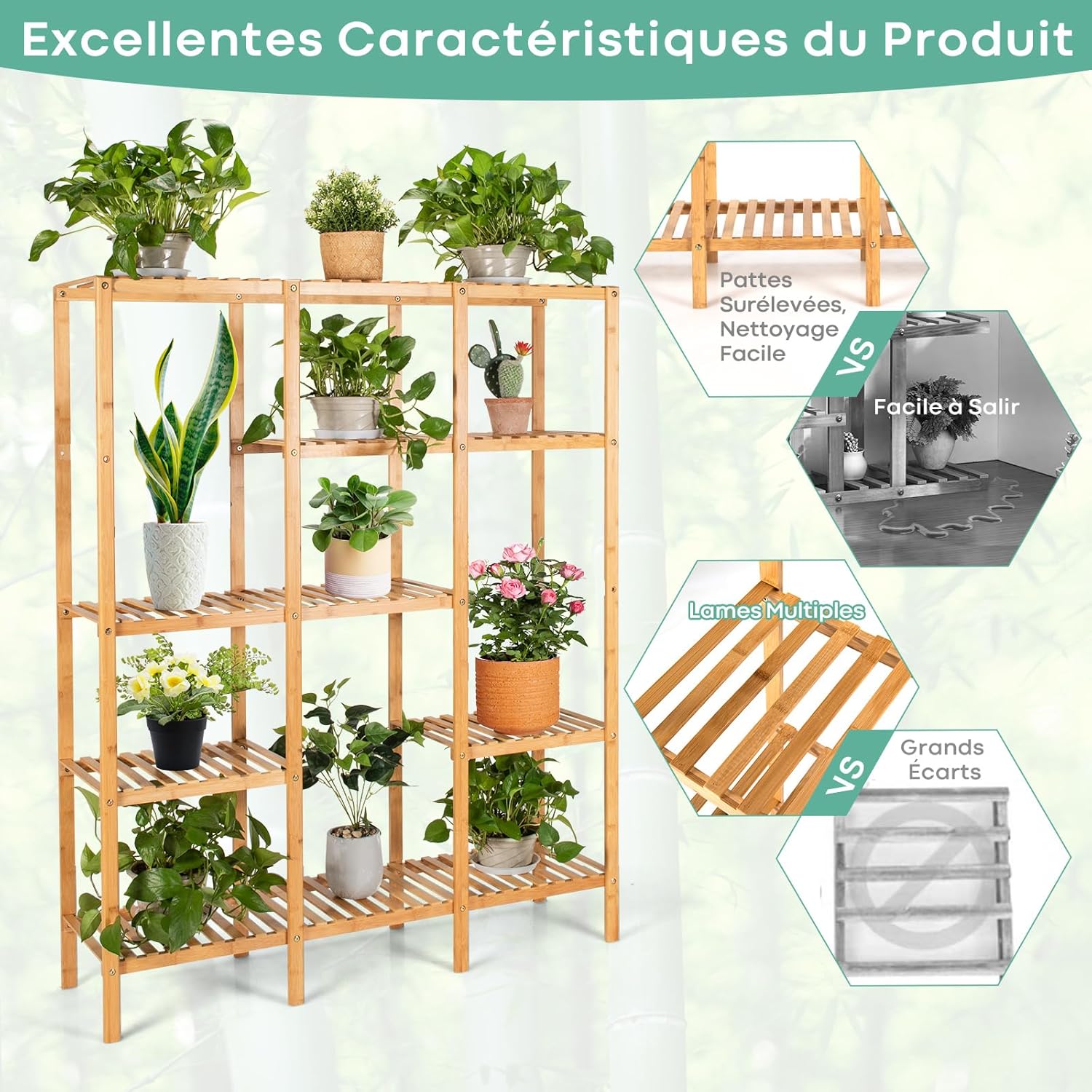 Support de pot pour Plantes en Bambou, Etagères à 5 Niveaux pour 12 Pots de Plantes,pour Salon, Balcon, Jardin, Terrasse, 114 x 31,5 x 141 cm - 6
