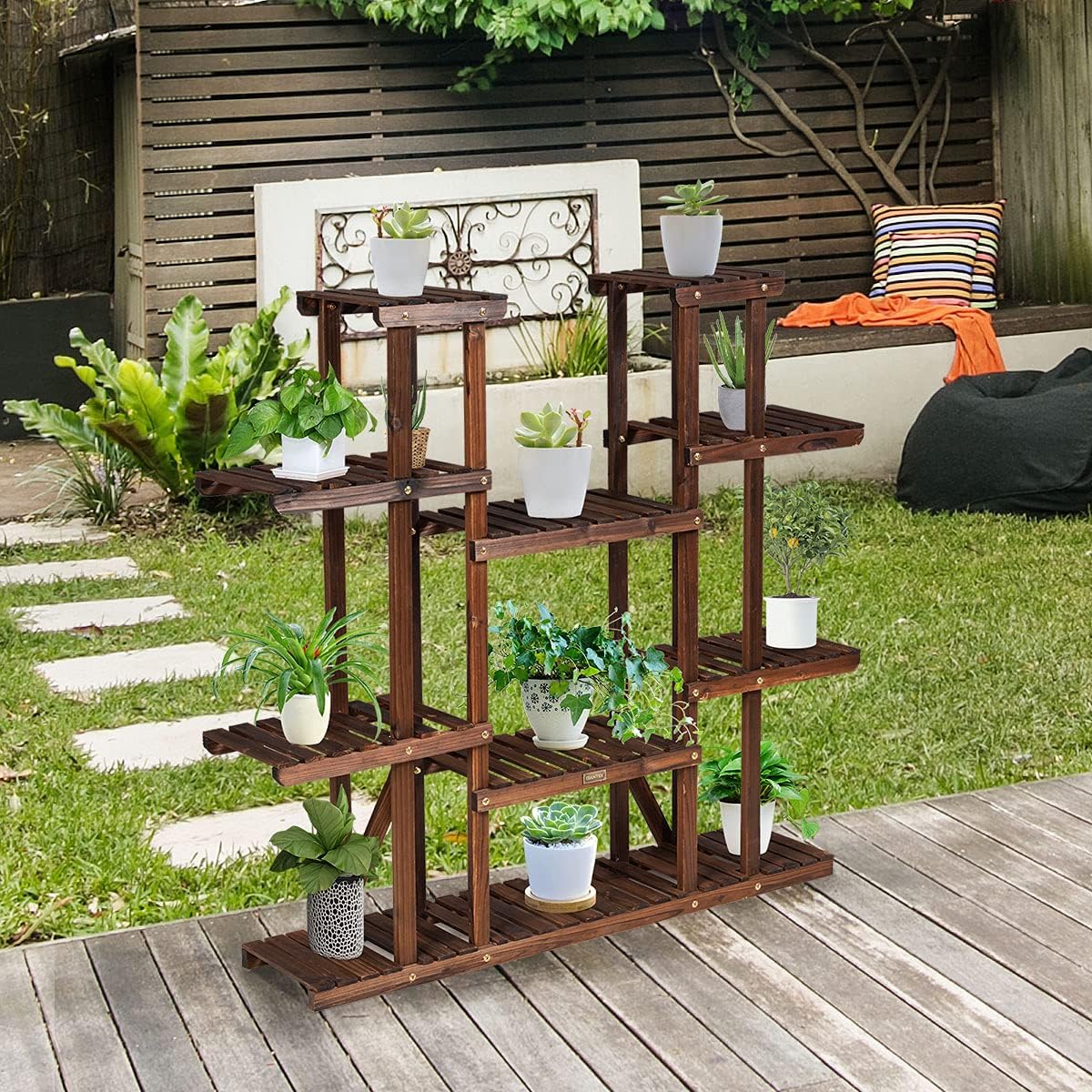 Étagère pour plantes en bois 9 tablettes pour 18 pots 125 x 25 x 114 cm charge 10kg - 2