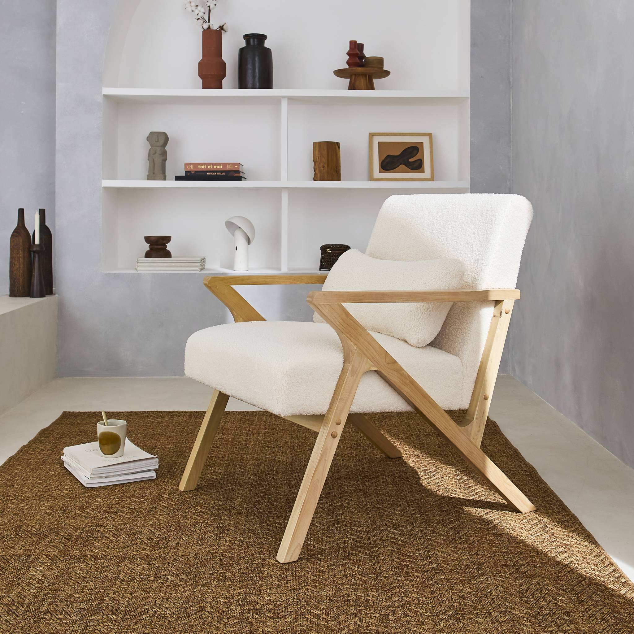 Fauteuil scandinave bois d'hévéa et bouclette crème ANTOINE ANTOINE - 2
