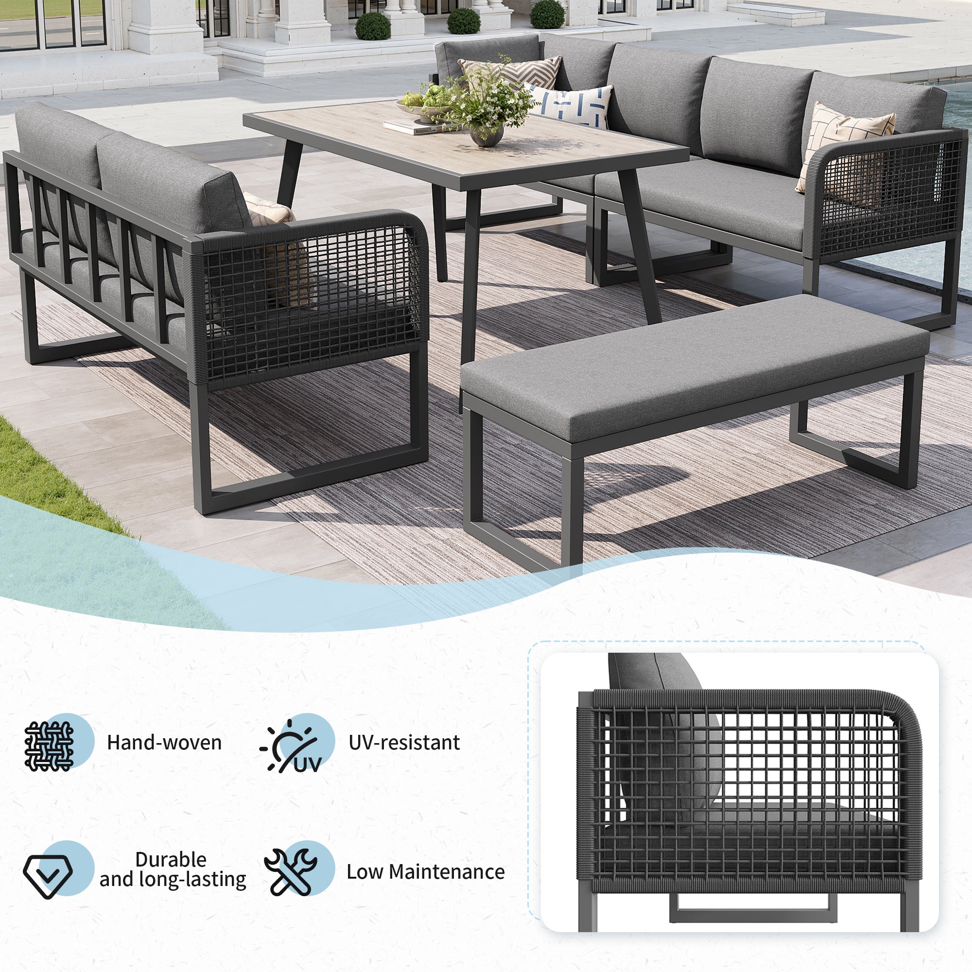 Set di mobili da giardino, set di mobili in rattan PE per 6-8 persone - divano angolare - in ferro zincato - piano del tavolo effetto legno, grigio - 7