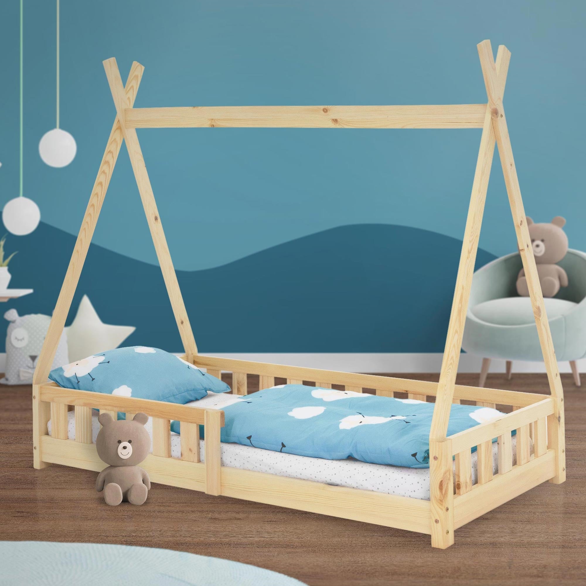 WEBABY - Letto da terra in legno 70 x 140 cm Faggio naturale| Con