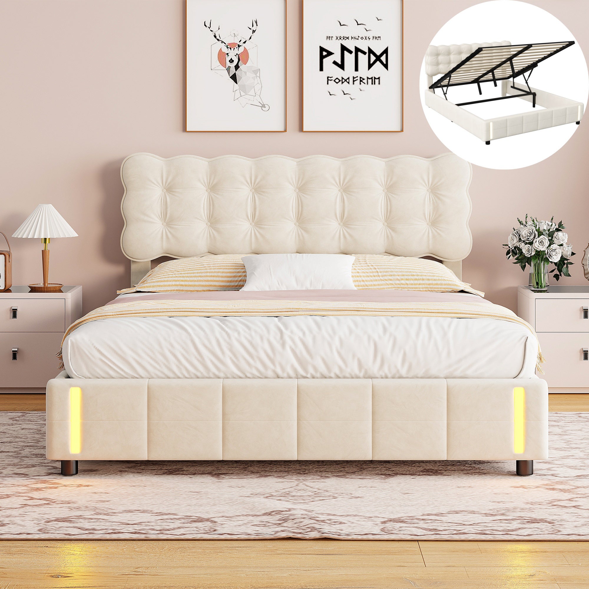 Lit coffre 140x190 avec sommier, velours, rangement, lit double adulte, lumière chaude à capteur, lit capitonné style scandinave - Beige - 2